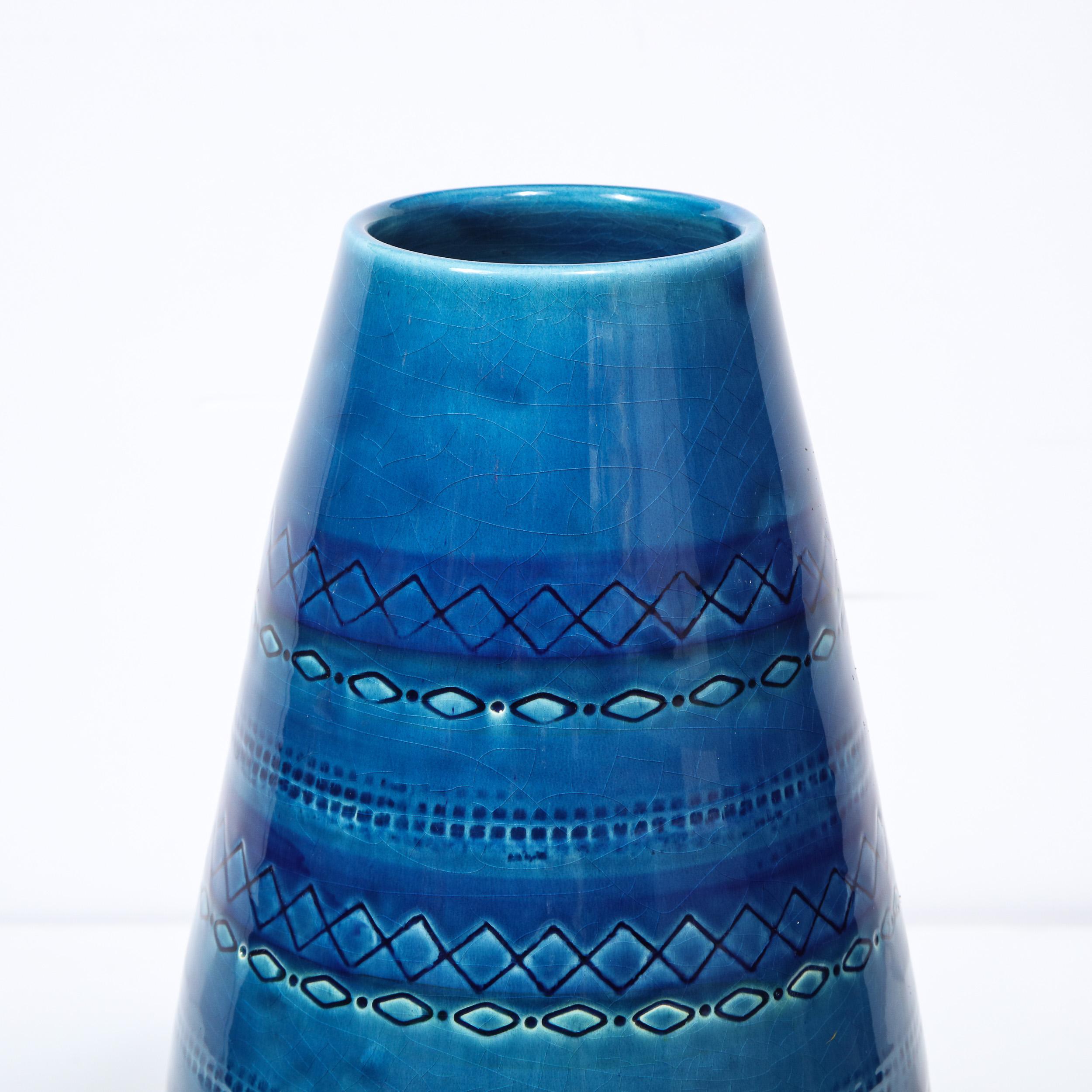Mid-Century Modern Conical Azure Blue Ceramic Vase with Geometric Detailing 1