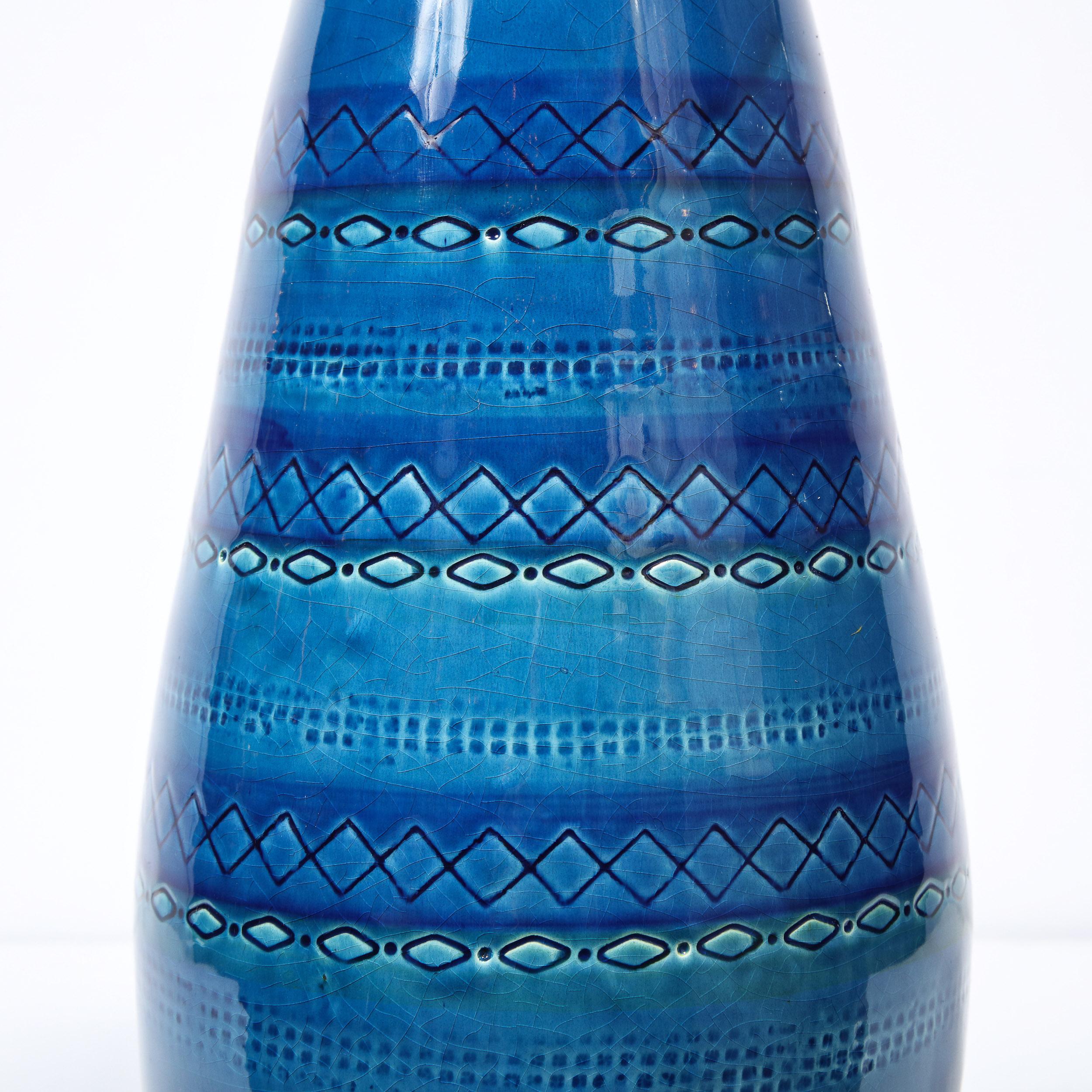 Mid-Century Modern Conical Azure Blue Ceramic Vase with Geometric Detailing 2
