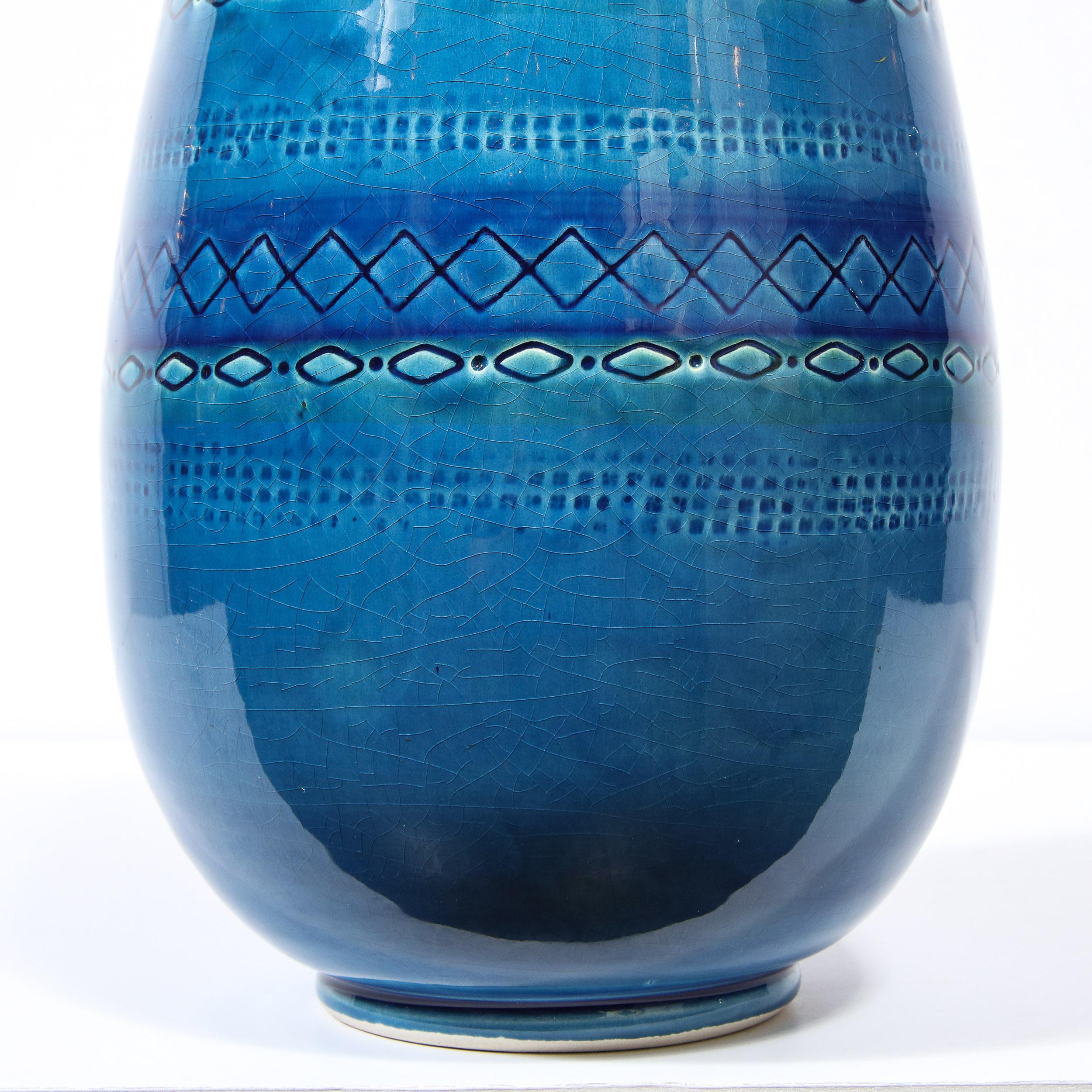 Mid-Century Modern Conical Azure Blue Ceramic Vase with Geometric Detailing 3