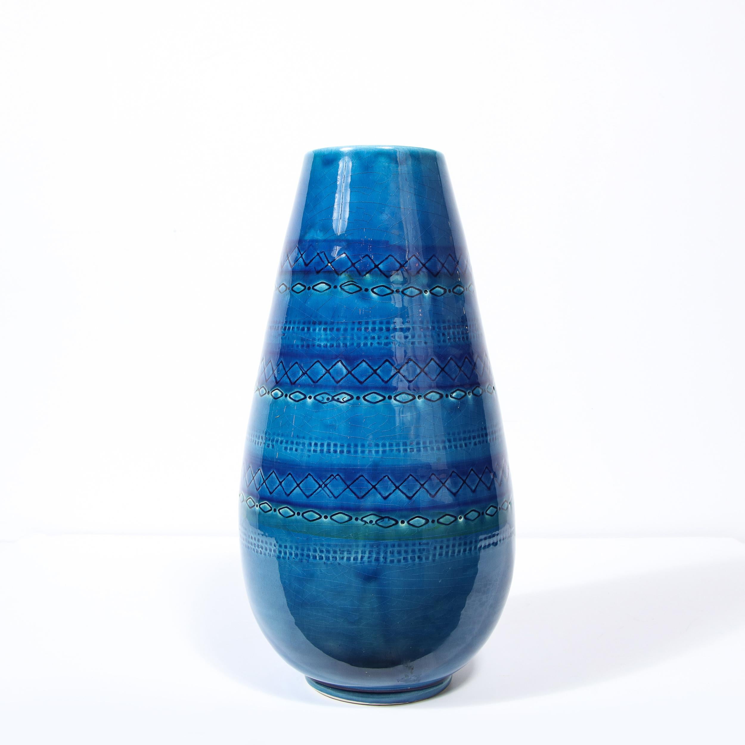 Mid-Century Modern Conical Azure Blue Ceramic Vase with Geometric Detailing 4