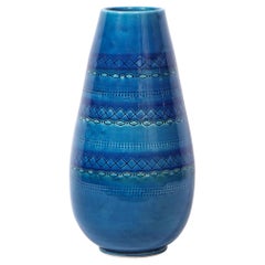 Mid-Century Modern Conical Azure Blue Ceramic Vase with Geometric Detailing