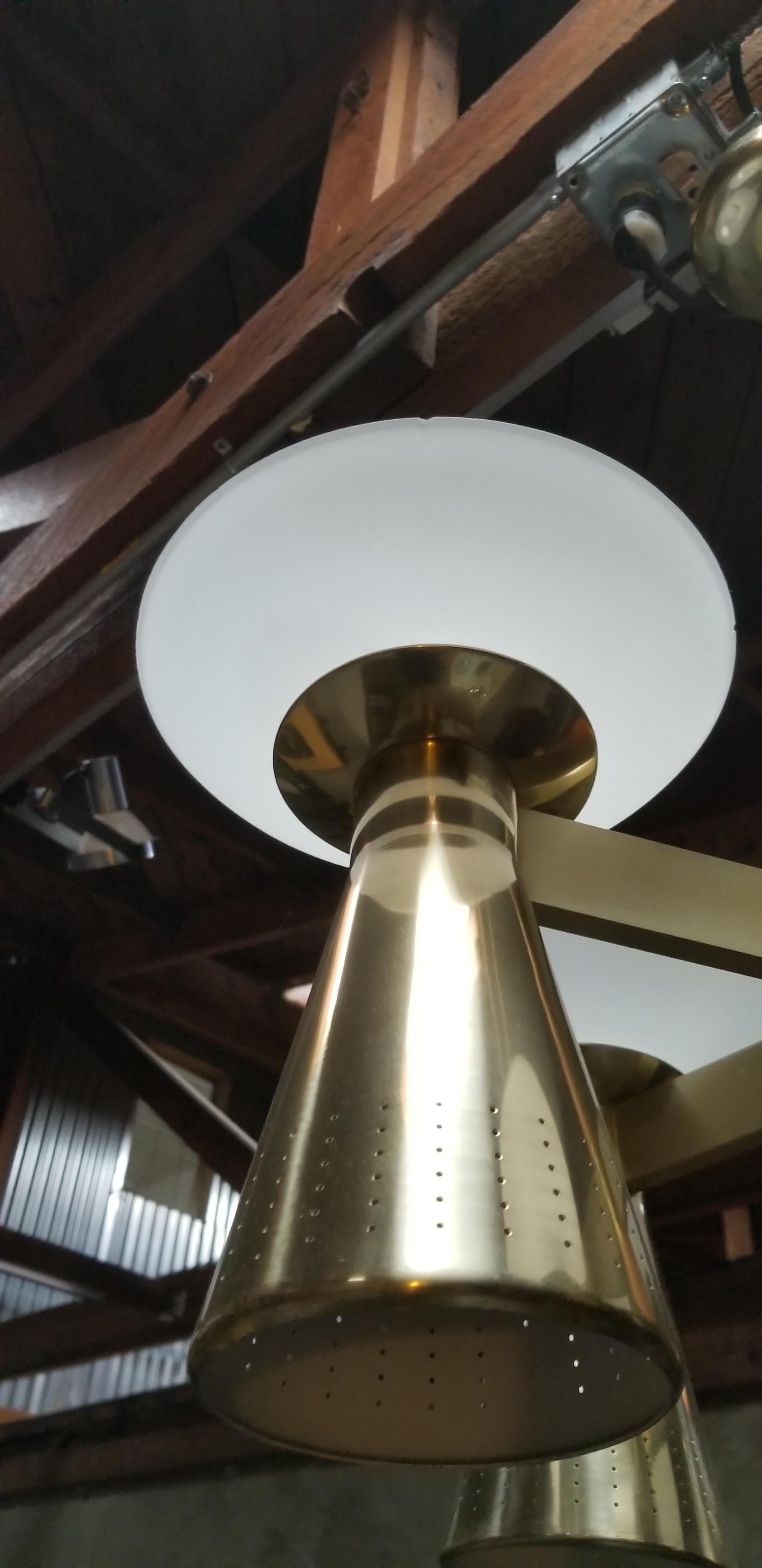 Mid-Century Modern Conical Brass and Glass Chandelier For Sale 5