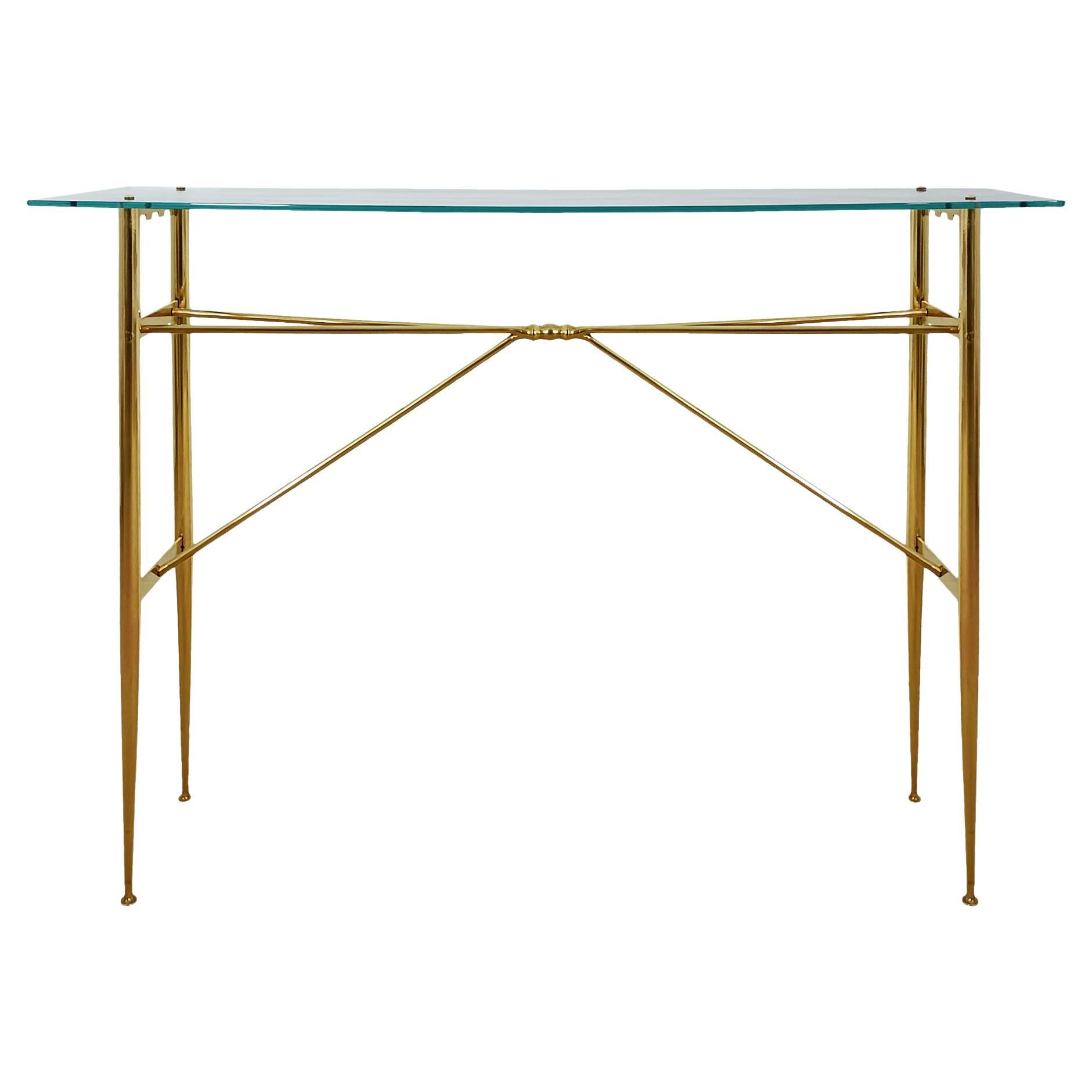 Mid-Century Modern Console Table in Solid Brass and a Glass Shelf, Italy For Sale