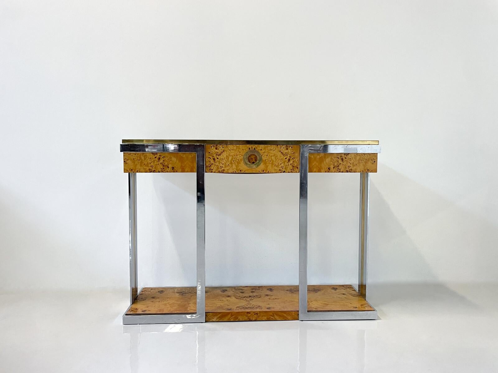 Wood Mid-Century Modern Console With Mirror in the style of Willy Rizzo, 1970s For Sale