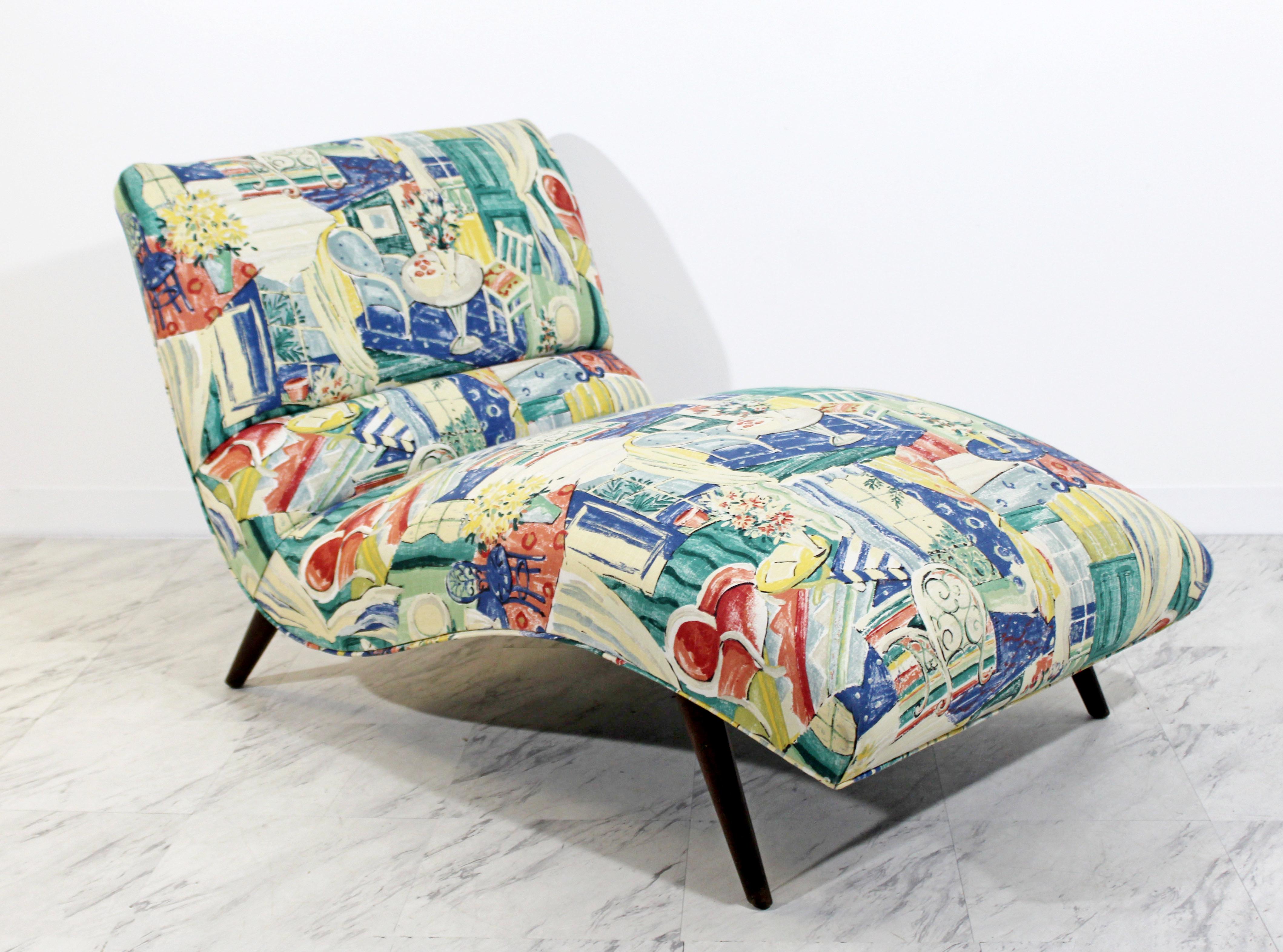 For your consideration is a fantastic, contoured wave, chaise lounge chair, with a scenic upholstery, by Adrian Pearsall, circa the 1950s. In excellent condition. The dimensions are 54