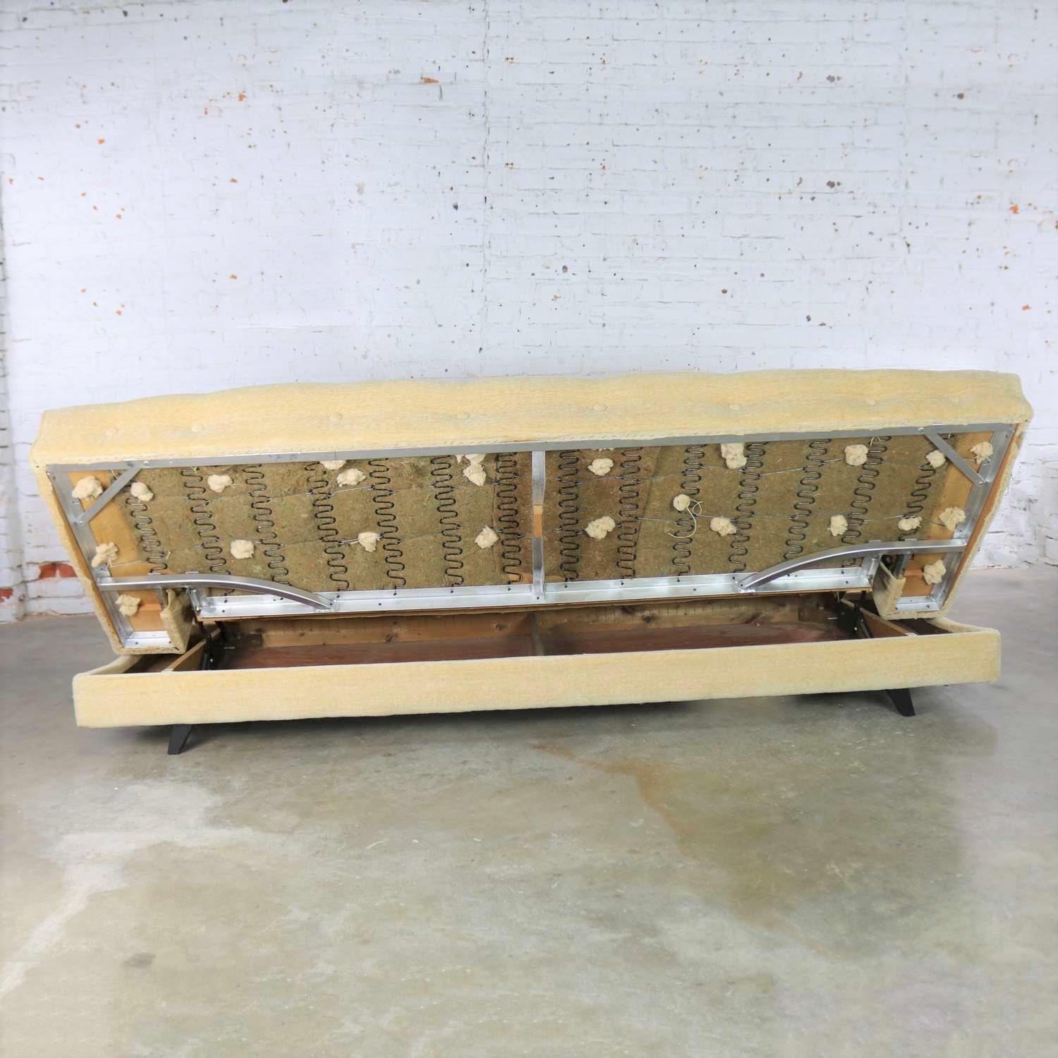 Mid-Century Modern Convertible Sofa Bed Button Detail in Oatmeal Colored Mohair 6