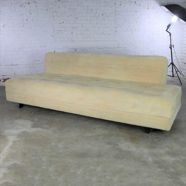 MidCentury Modern Convertible Sofa Bed Button Detail in Oatmeal Colored Mohair at 1stDibs