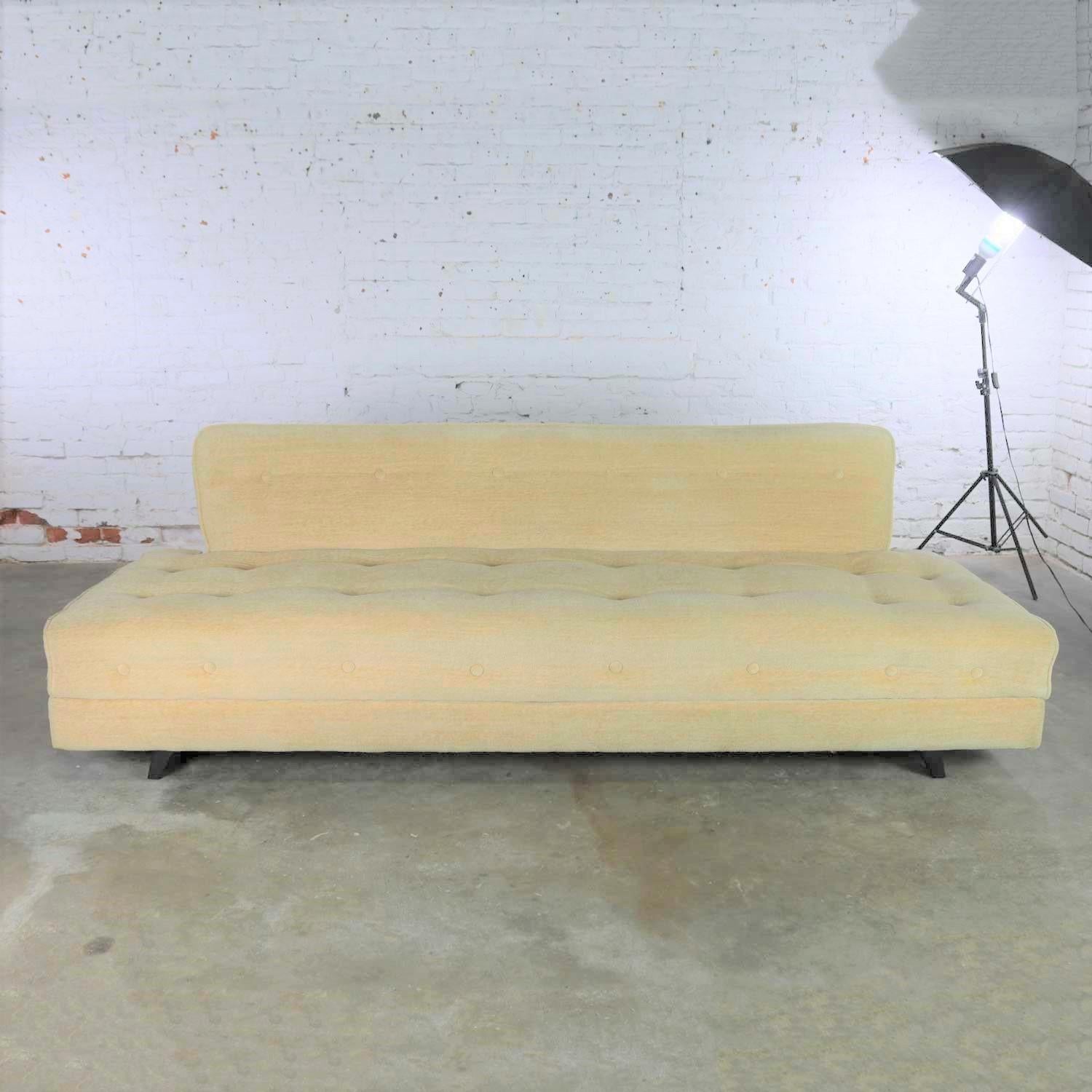 Mid-Century Modern Convertible Sofa Bed Button Detail in Oatmeal Colored Mohair 1