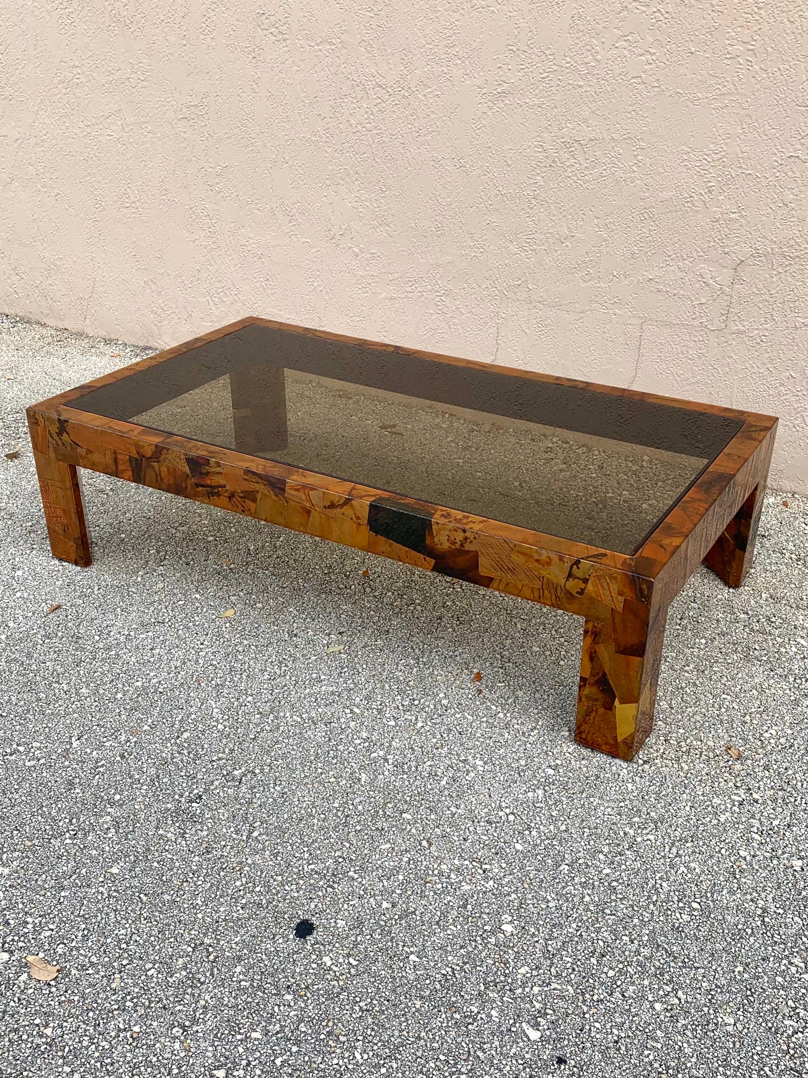 wood table with glass in the middle