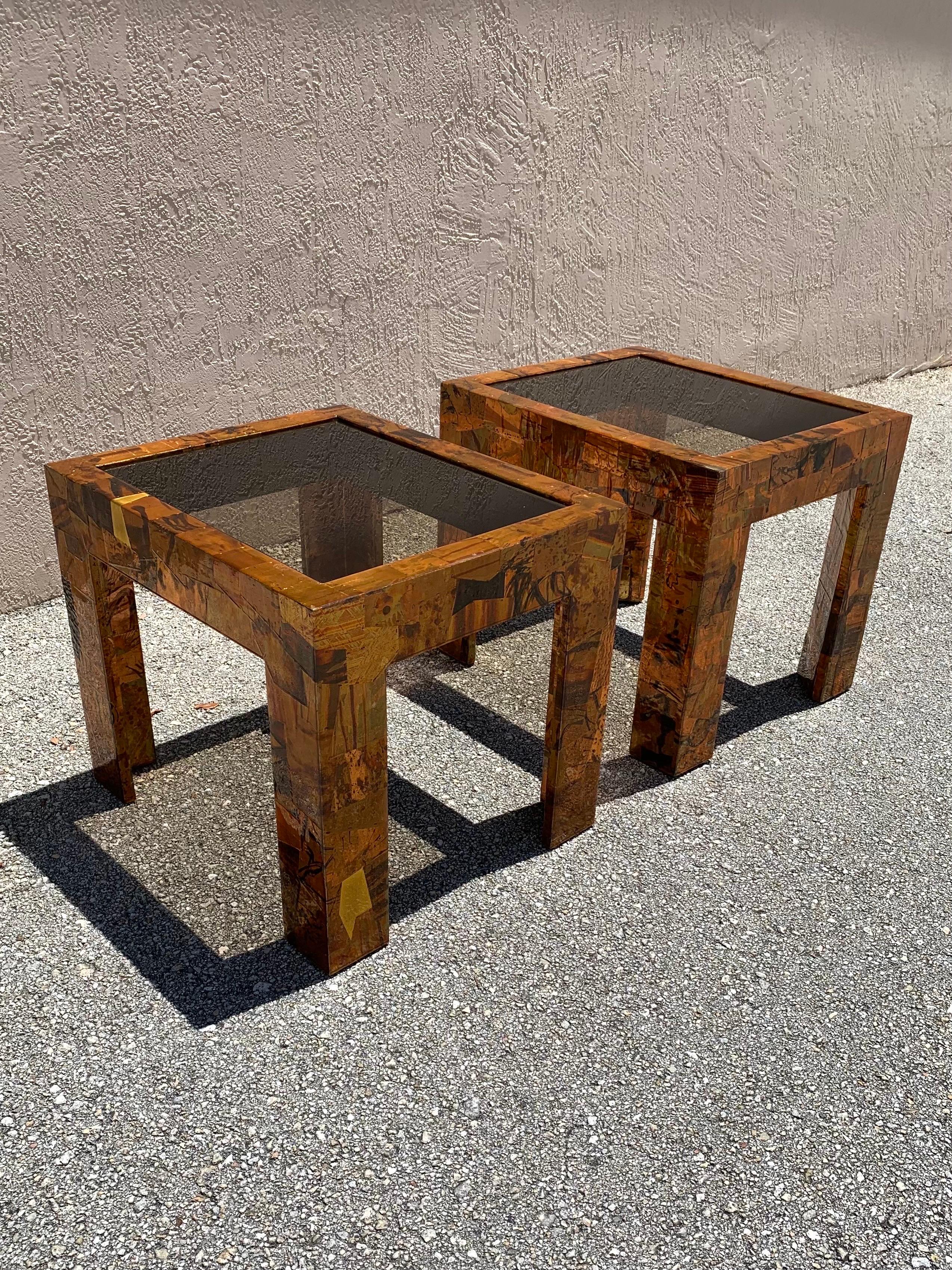 Tables d'extrémité en cuivre et laiton modernes du milieu du siècle dernier dans le style de Paul Evans Bon état - En vente à Boynton Beach, FL