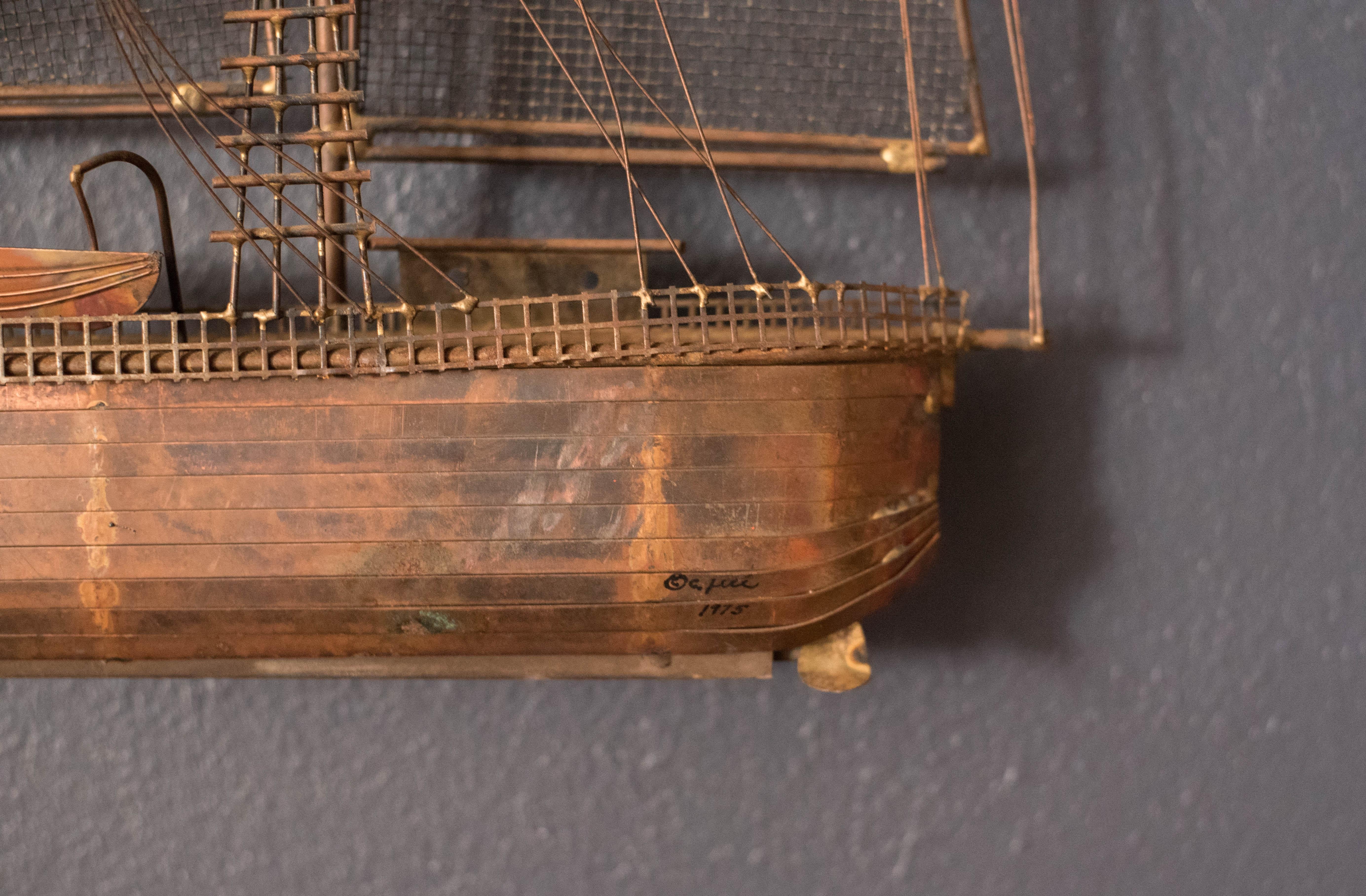 Late 20th Century Mid Century Modern Copper Clipper Ship Wall Art Sculpture by Curtis Jere For Sale