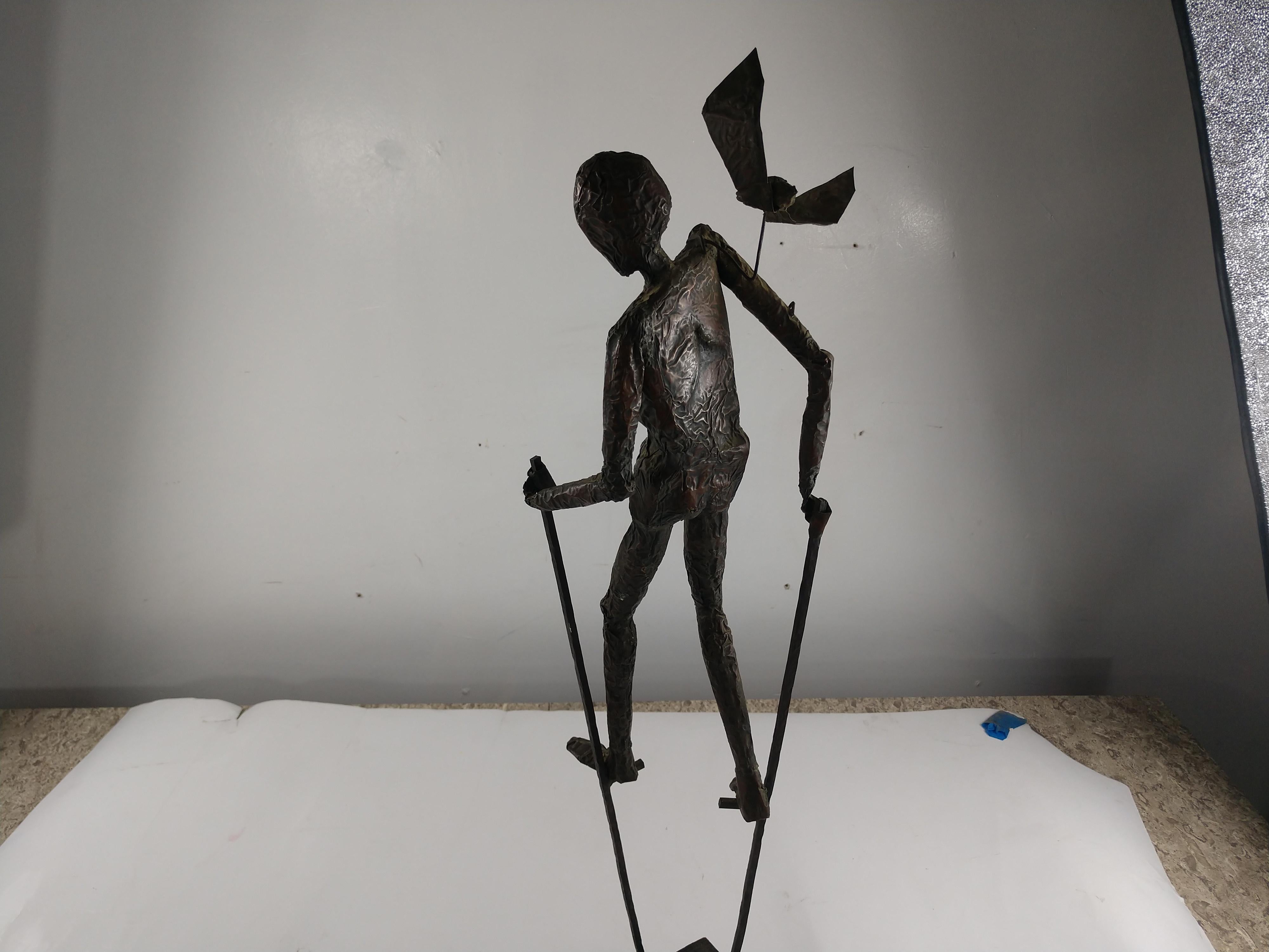 Hammered Mid-Century Modern Copper Figure on Stilts with a Bird Sculpture, 1960