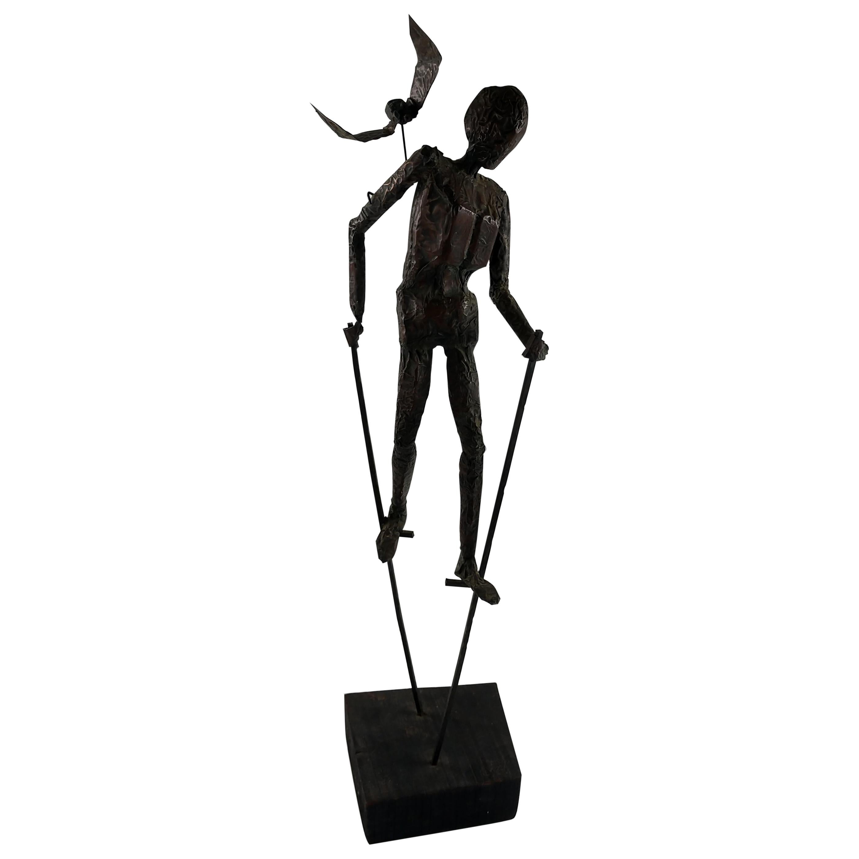 Mid-Century Modern Copper Figure on Stilts with a Bird Sculpture, 1960