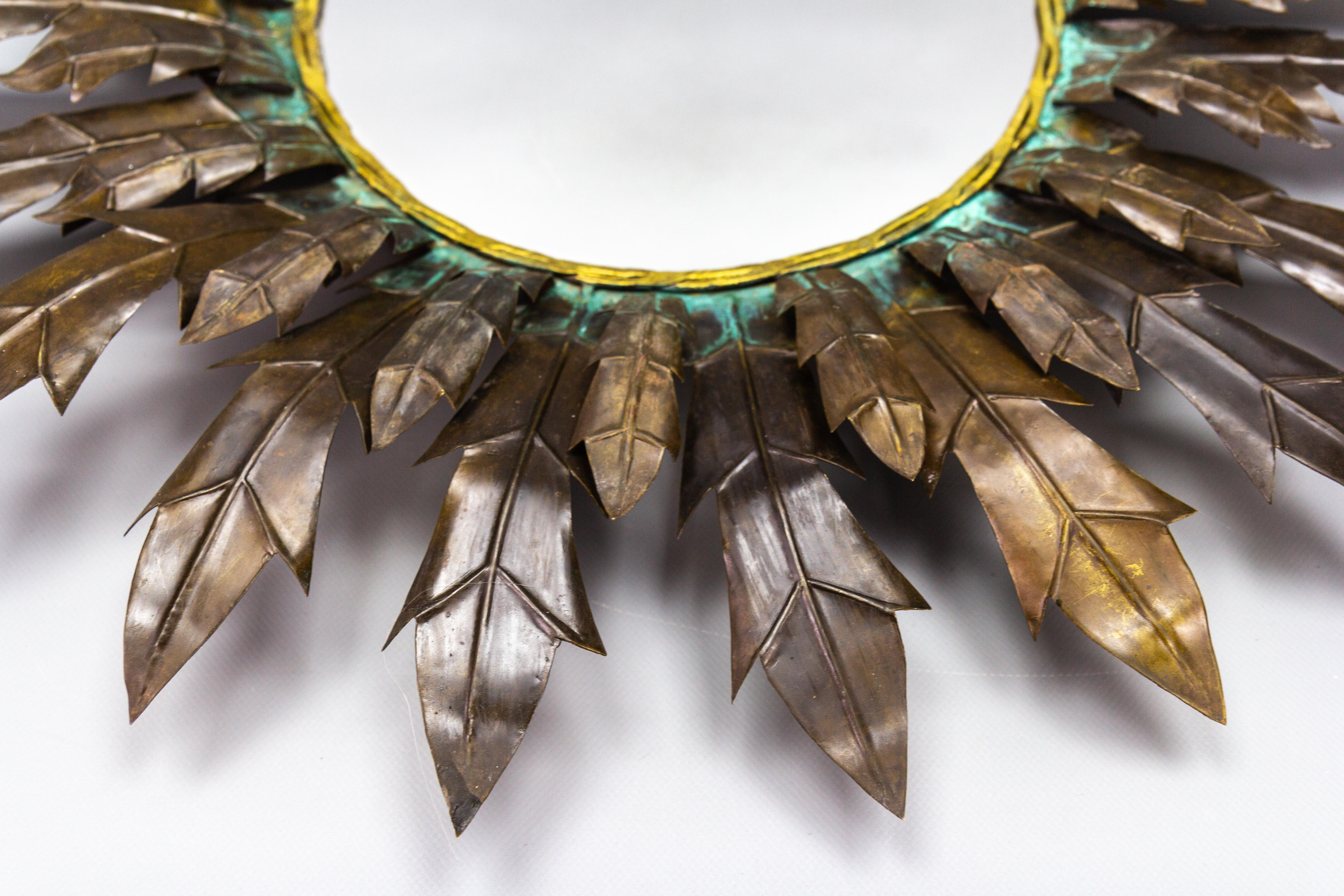 Mid-20th Century Mid-Century Modern Copper Sheet and Brass Round Sunburst Wall Mirror, 1950s For Sale