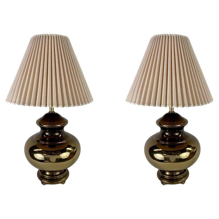 Mid-Century Modern Copper Table Lamp with Original Shades, a Pair For Sale