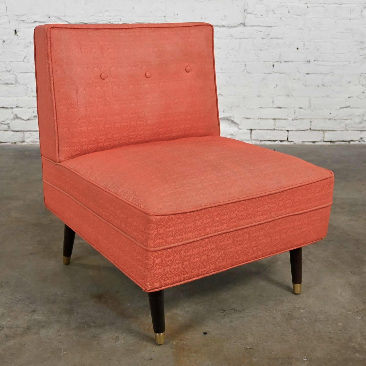 Mid-Century Modern Coral Vinyl Faux Leather Slipper Chair Tapered Legs  In Good Condition In Topeka, KS
