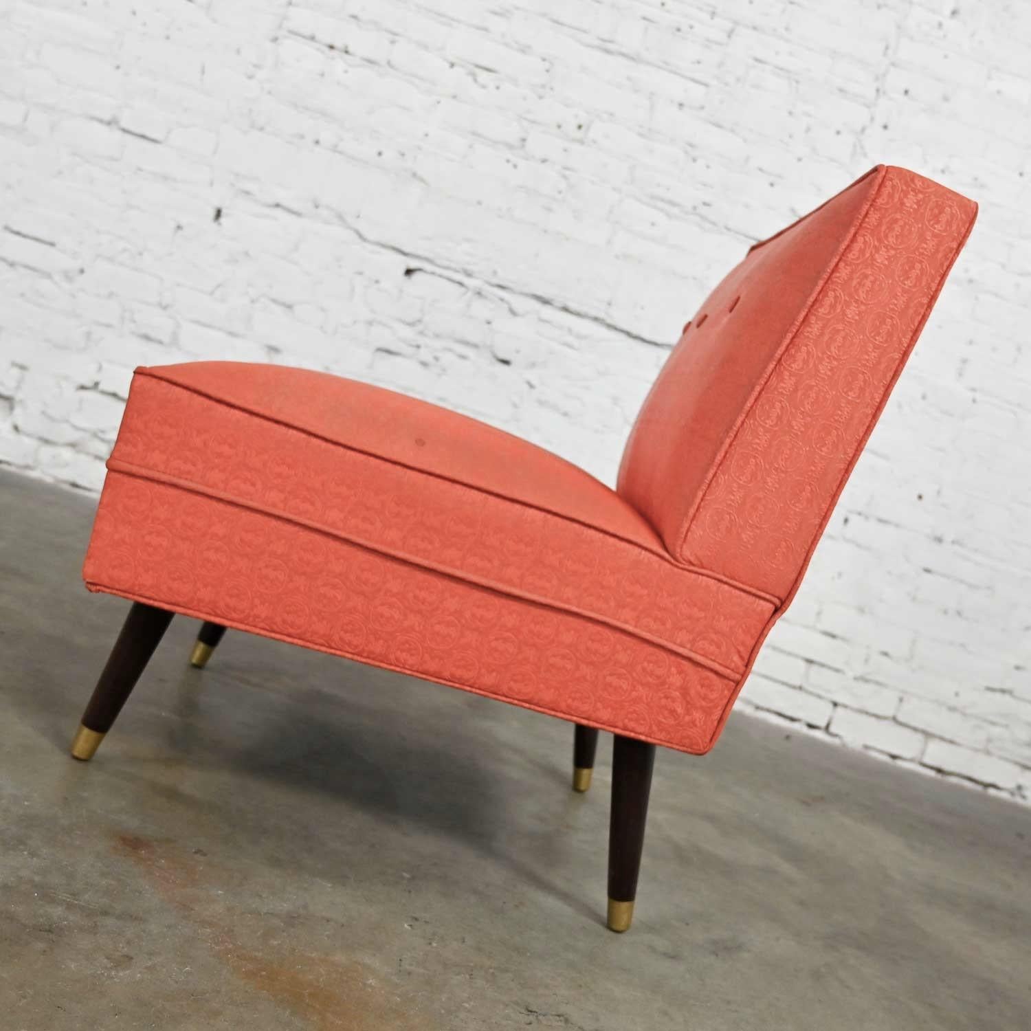 Mid-Century Modern Coral Vinyl Faux Leather Slipper Chair Tapered Legs  1