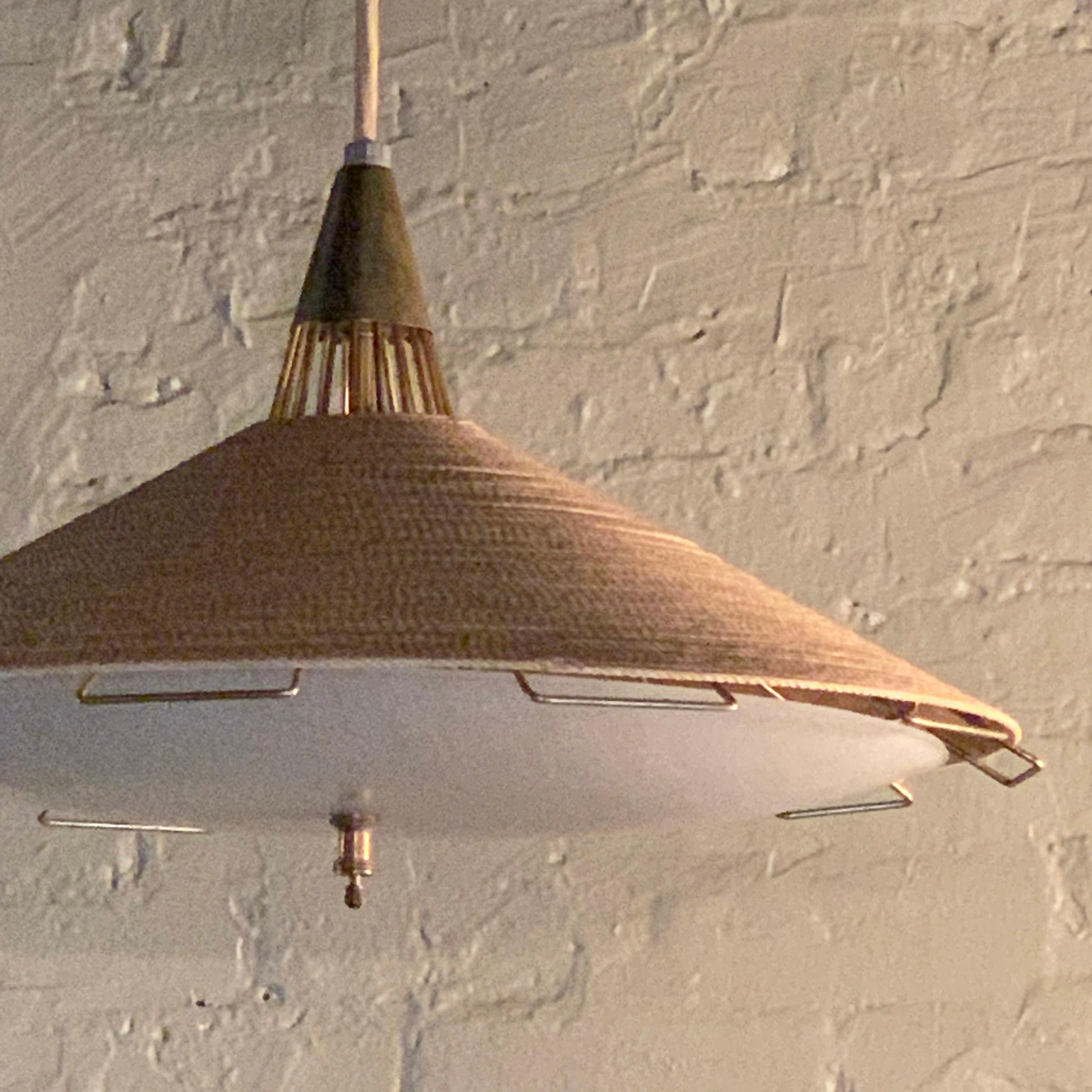 American Mid-Century Modern Cord and Brass Disc Pendant by Moe Light