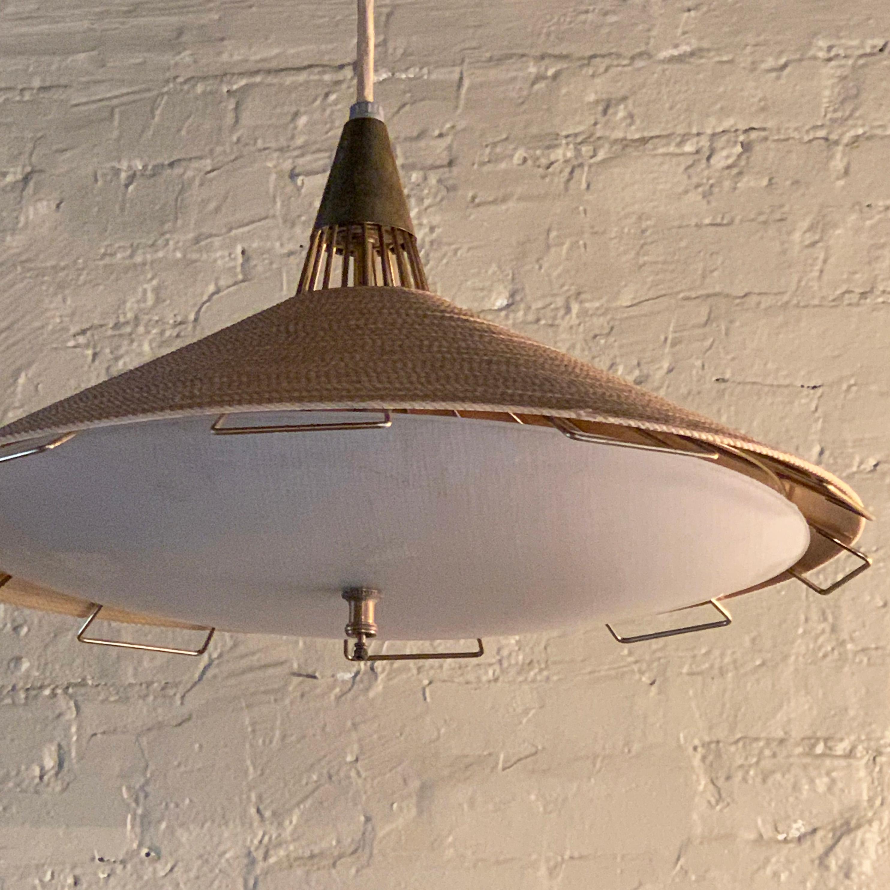 Mid-Century Modern Cord and Brass Disc Pendant by Moe Light In Good Condition In Brooklyn, NY