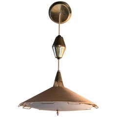 Mid-Century Modern Cord and Brass Disc Pendant by Moe Light