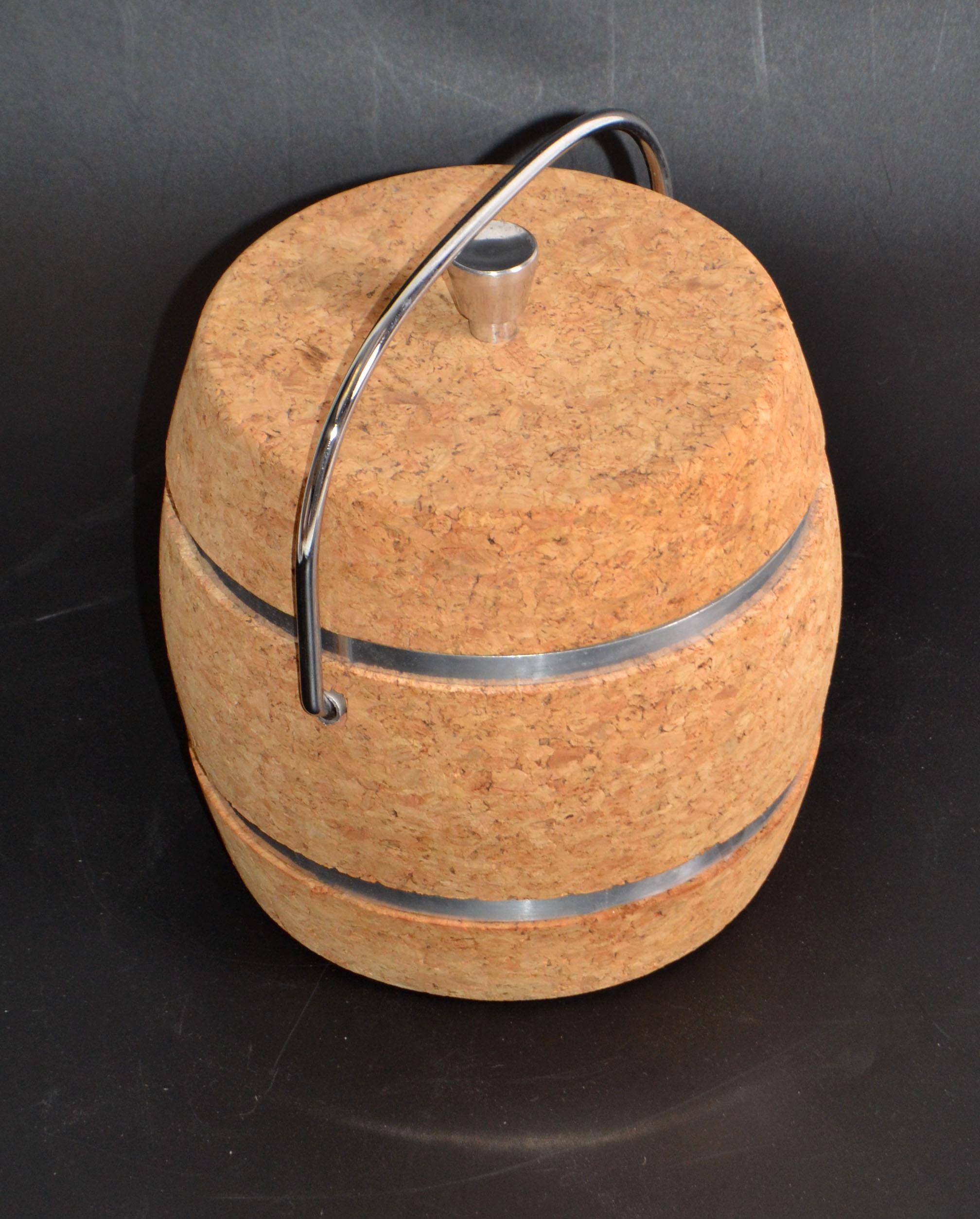 Mid-Century Modern Cork and Nickel Ice Bucket with Pyrex Glass Insulation For Sale 3