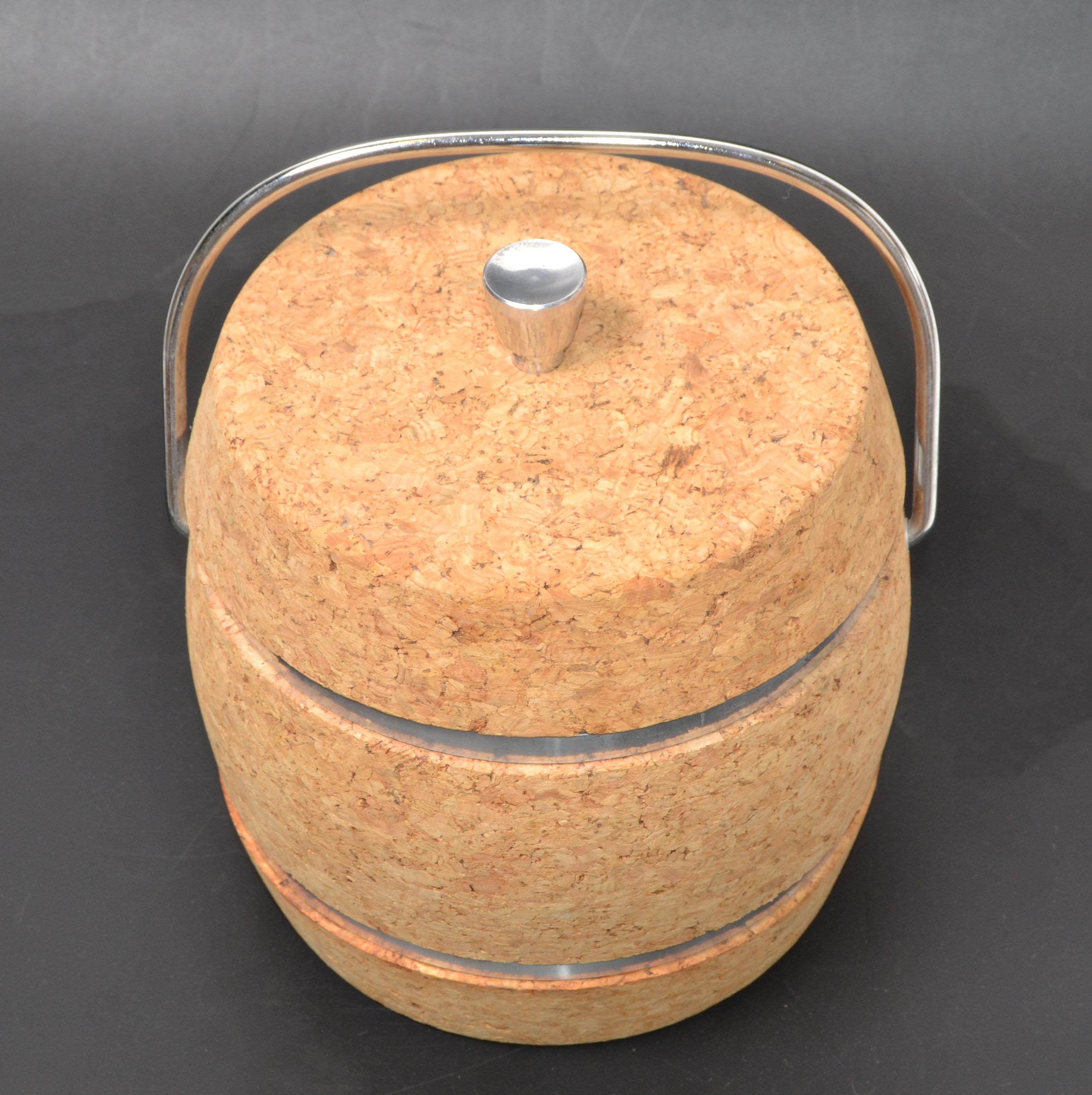 Mid-Century Modern Cork and Nickel Ice Bucket with Pyrex Glass Insulation For Sale 4