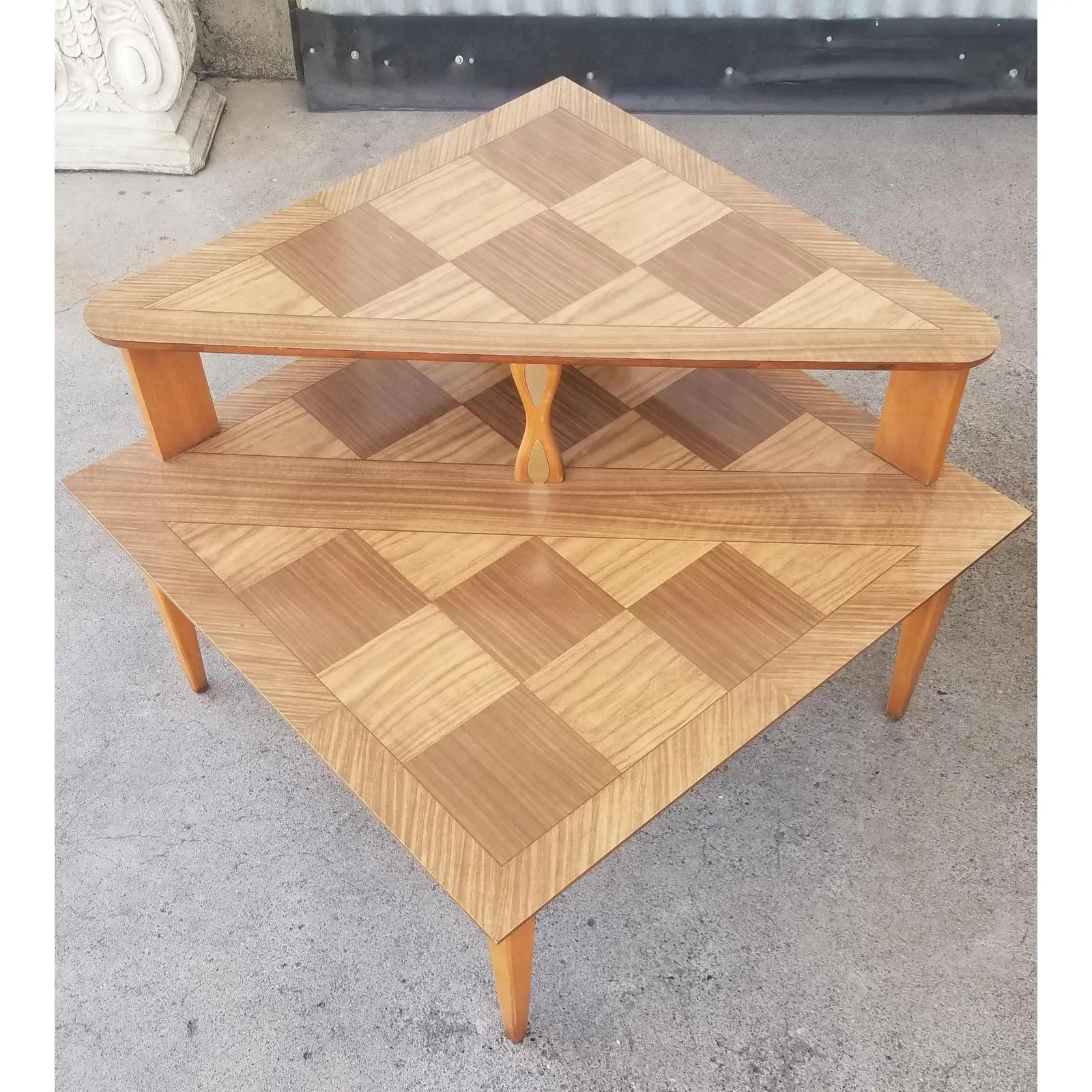 A pair of Mid-Century Modern corner side table by Lane Furniture. Unusual parquet tops made of faux grain Formica making these unique tables very durable. Both tables branded with the Lane Furniture logo. Amazing, original condition. Lower table