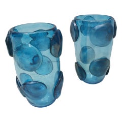 Paire de vases italiens Costantini en verre de Murano bleu, moderne du milieu du siècle dernier