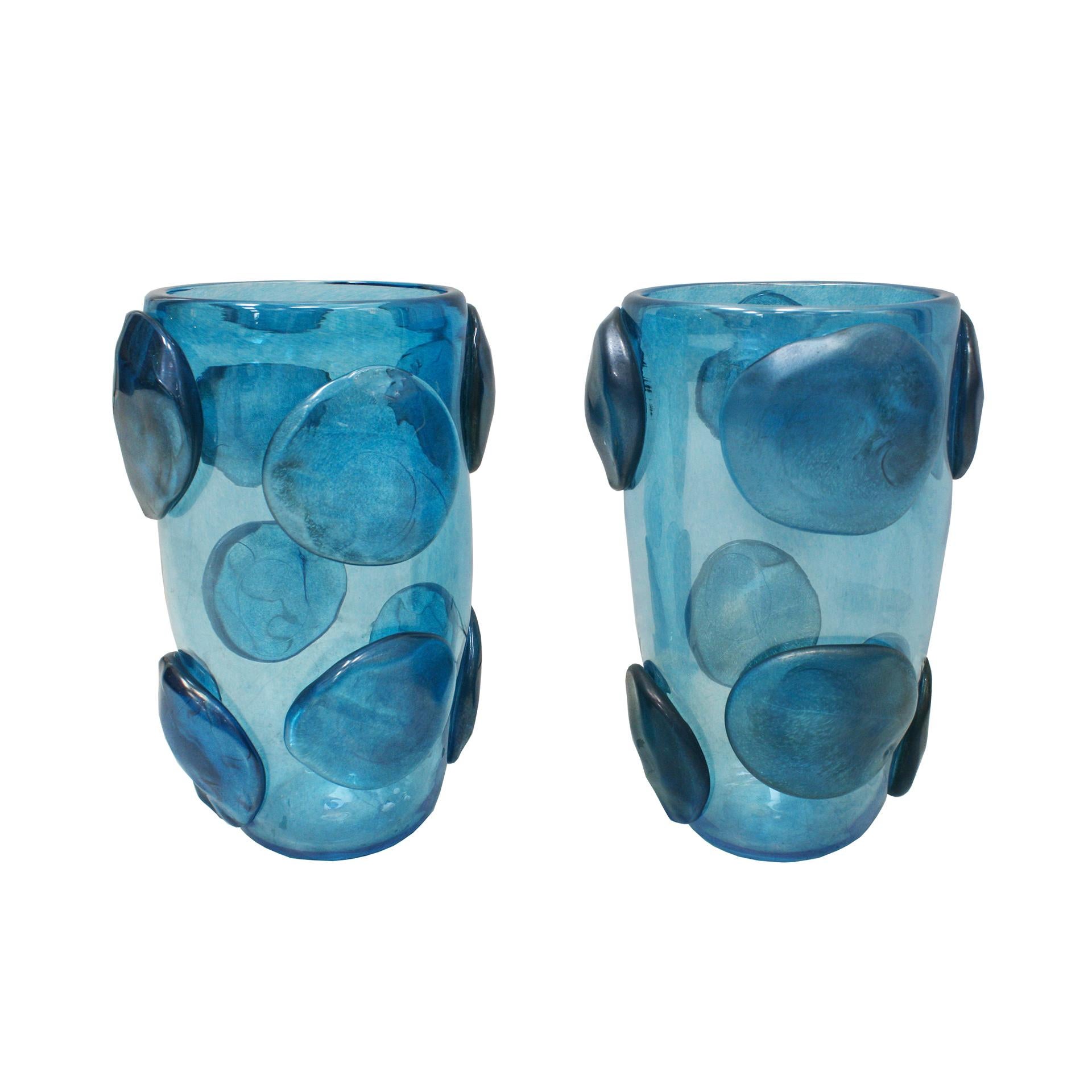 Mid-Century Modern Costantini Blue Murano Glass Pair of Italian Vases In Good Condition For Sale In Madrid, ES
