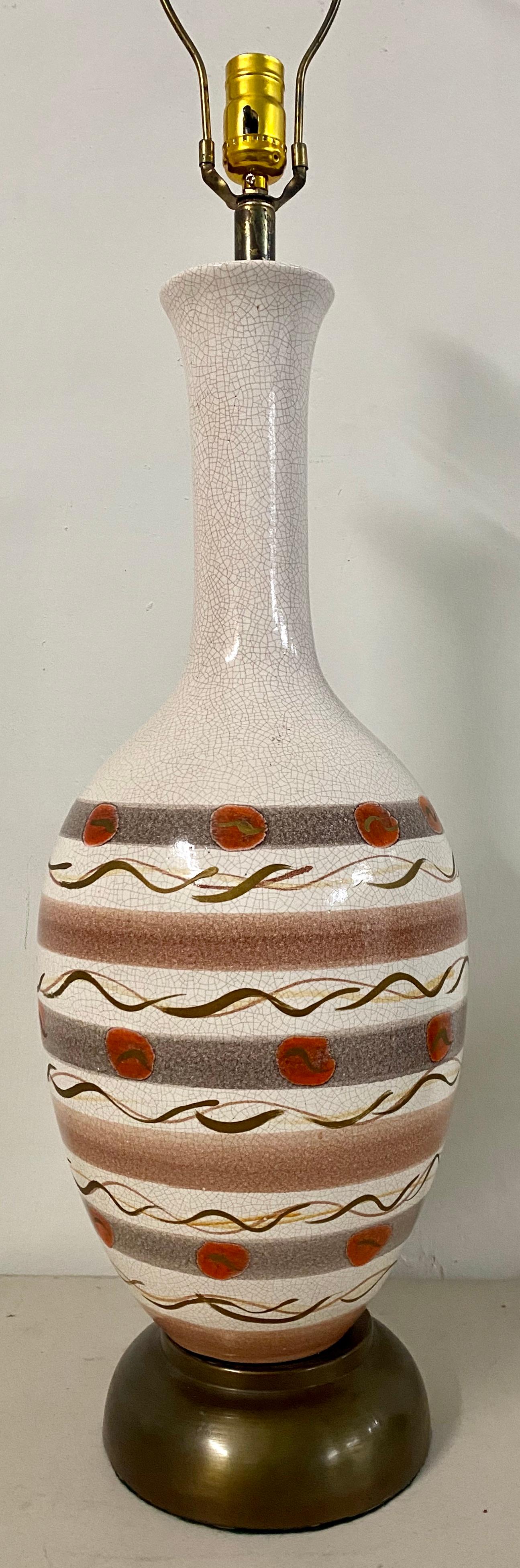 American Mid-Century Modern Crackle Glaze and Hand Painted Table Lamp, circa 1950s For Sale
