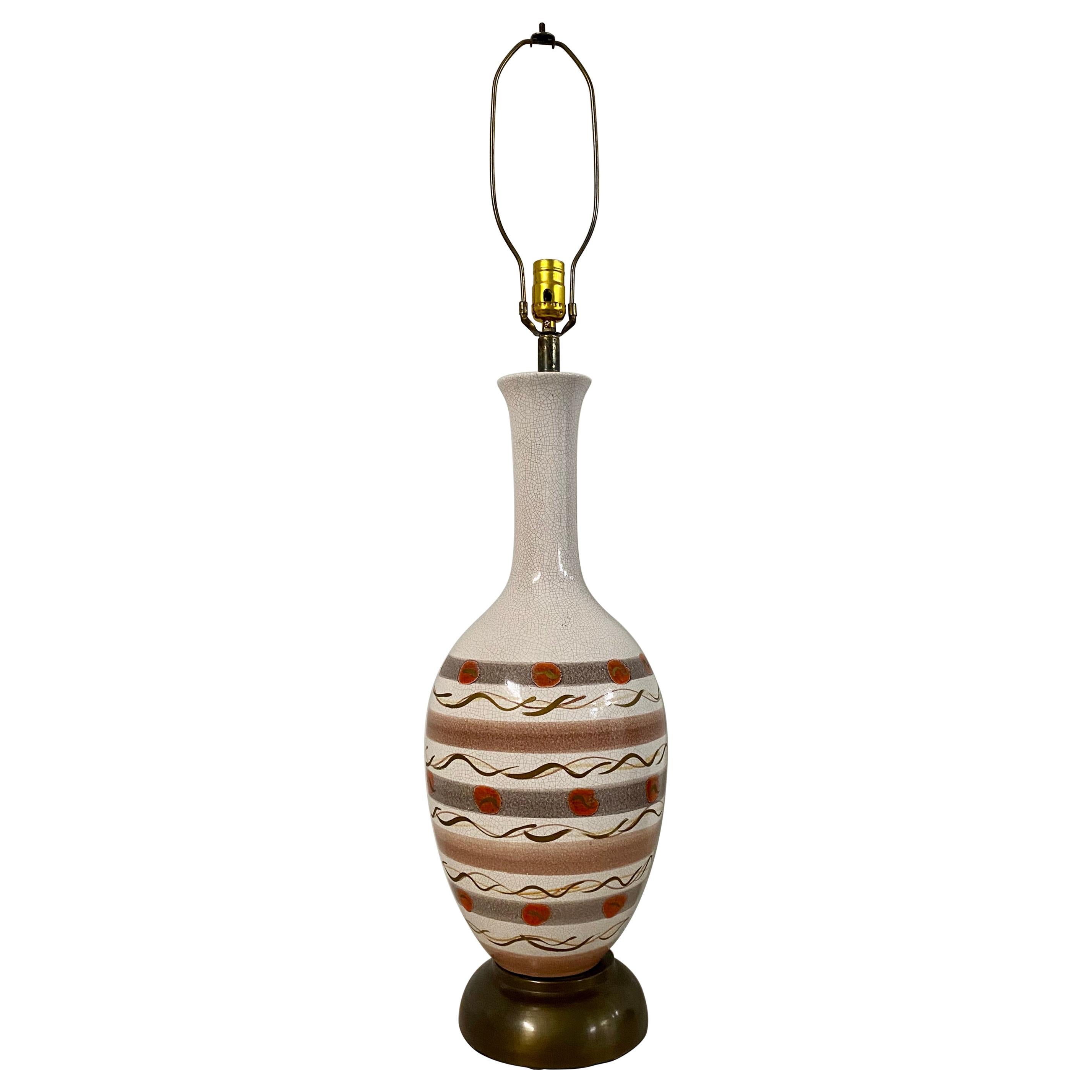 Mid-Century Modern Crackle-Glasur und handbemalte Tischlampe, ca. 1950er Jahre