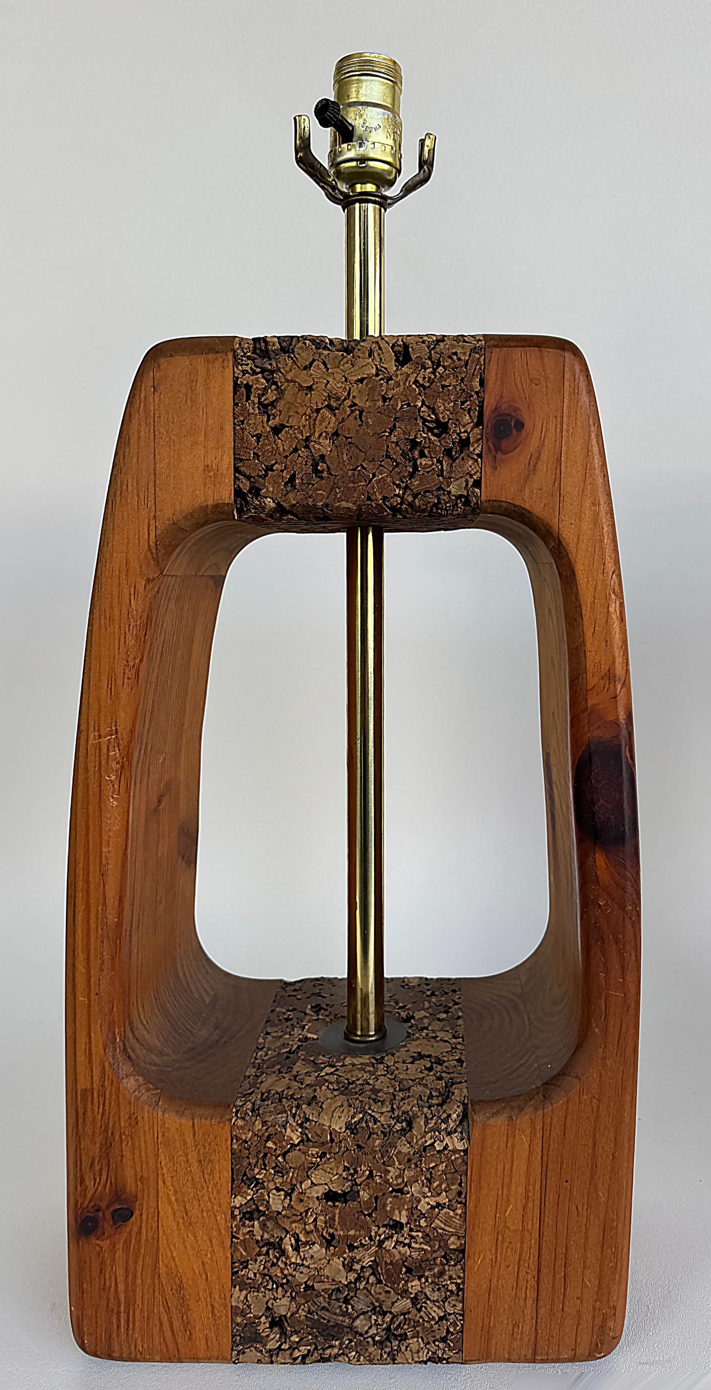 Mid-century Modern Craftsman Style Wood, Cork Table Lamps, Pair

Offered for sale is s pair of mid-century modern Craftsman style lamps comprised of walnut, cork and brass. These iconic styled lamps are unmarked. Exemplifies the design trends of the