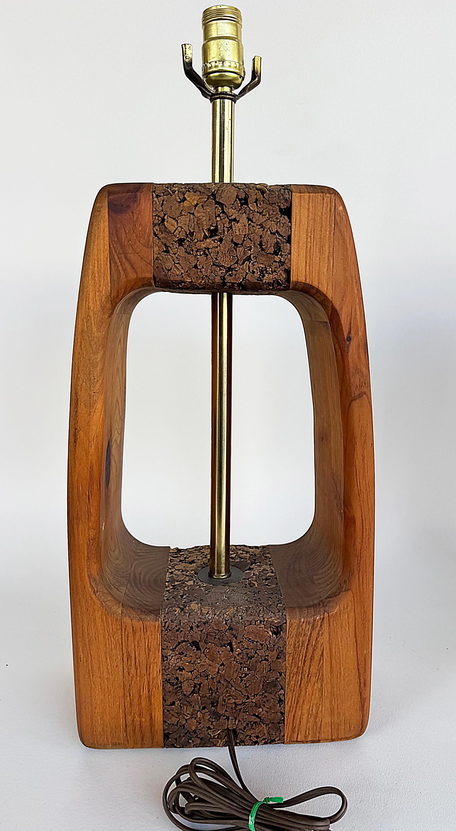 American Mid-century Modern Craftsman Style Wood, Cork Table Lamps, Pair For Sale