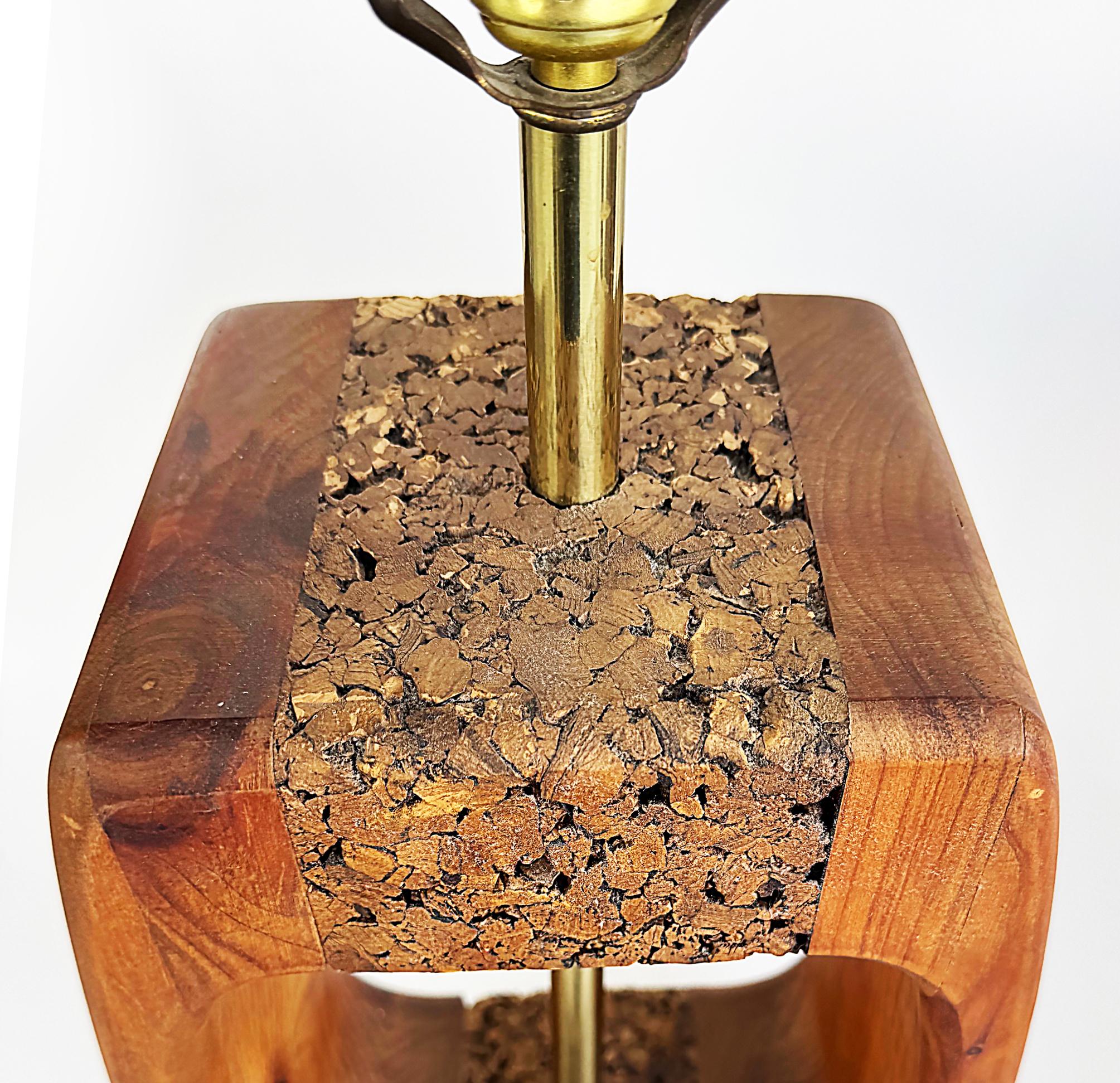 Brass Mid-century Modern Craftsman Style Wood, Cork Table Lamps, Pair For Sale