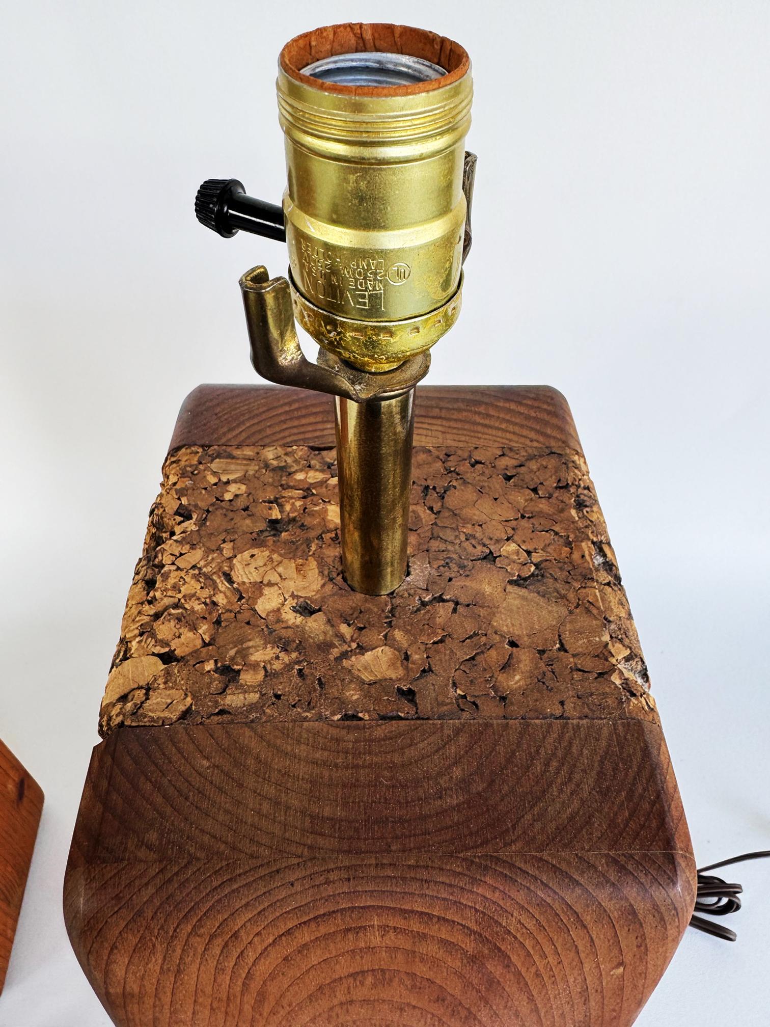 Mid-century Modern Craftsman Style Wood, Cork Table Lamps, Pair For Sale 1