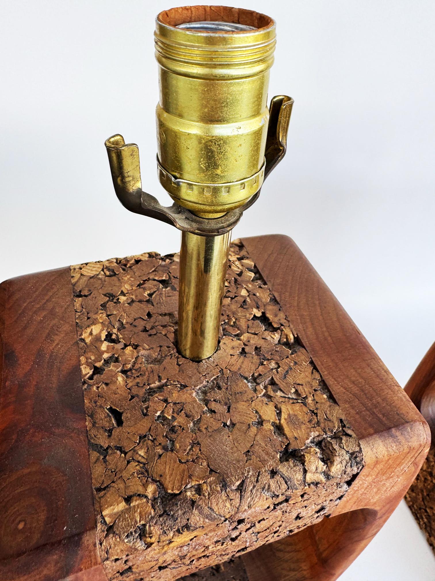 Mid-century Modern Craftsman Style Wood, Cork Table Lamps, Pair For Sale 2