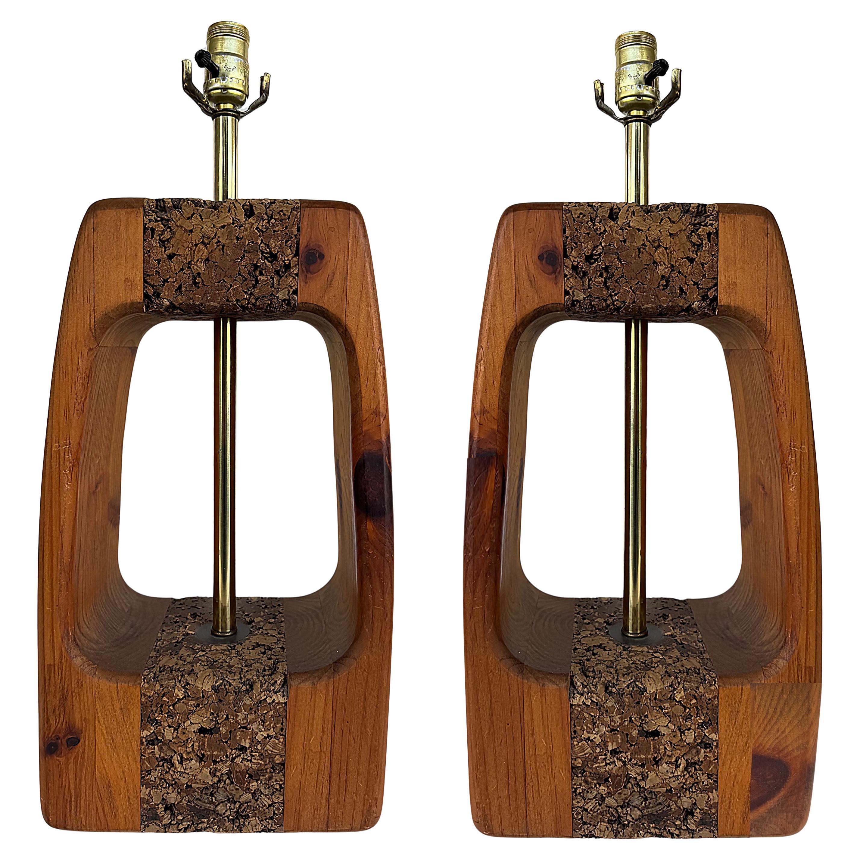 Mid-century Modern Craftsman Style Wood, Cork Table Lamps, Pair For Sale