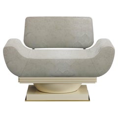 Mid-Century Modern Cream Alicearmchair Bouclé Lacquered Gloss with Brass Detail 