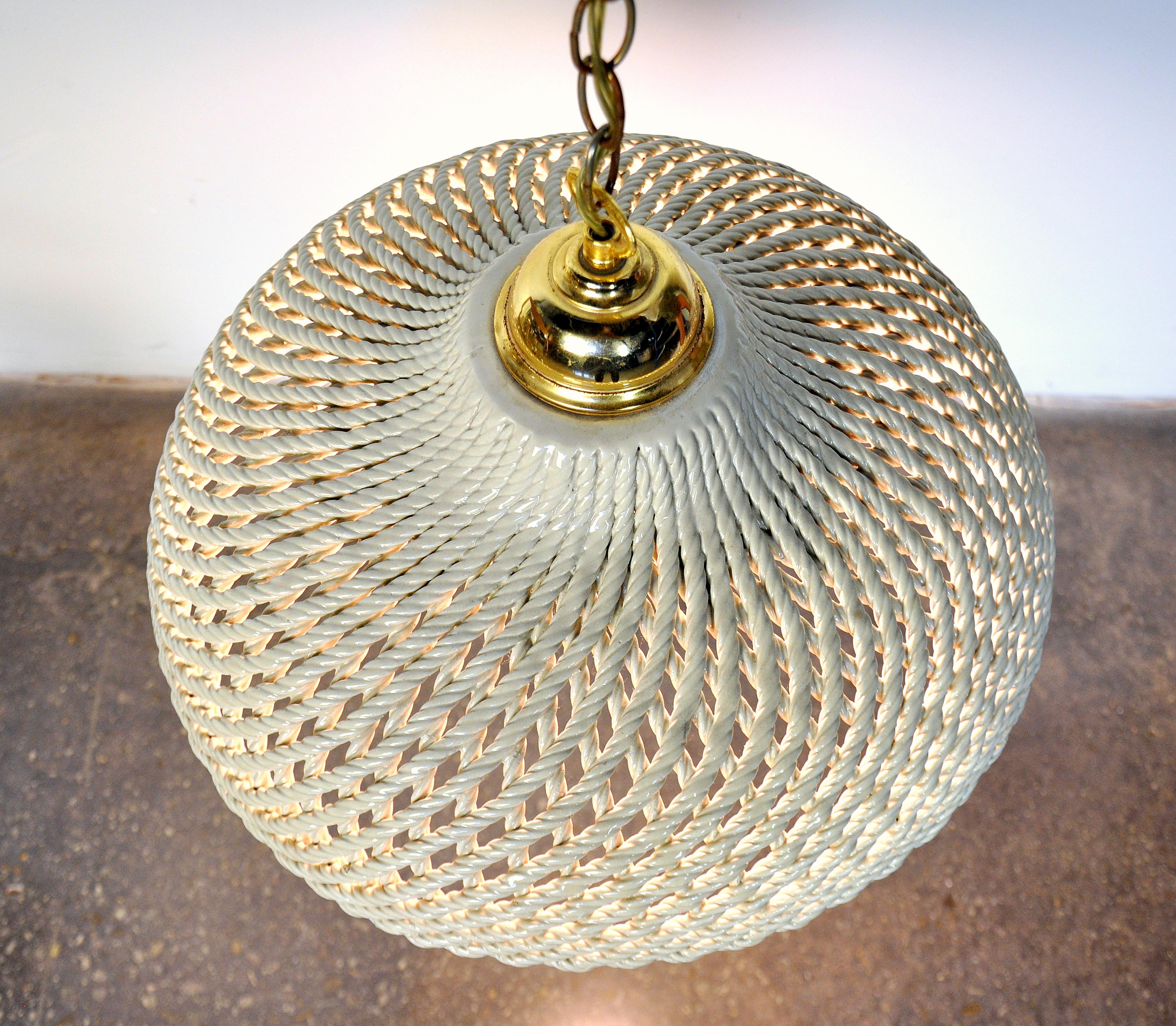 MidCentury Modern Cream Ceramic and Brass Pendant Lamp For Sale at 1stDibs
