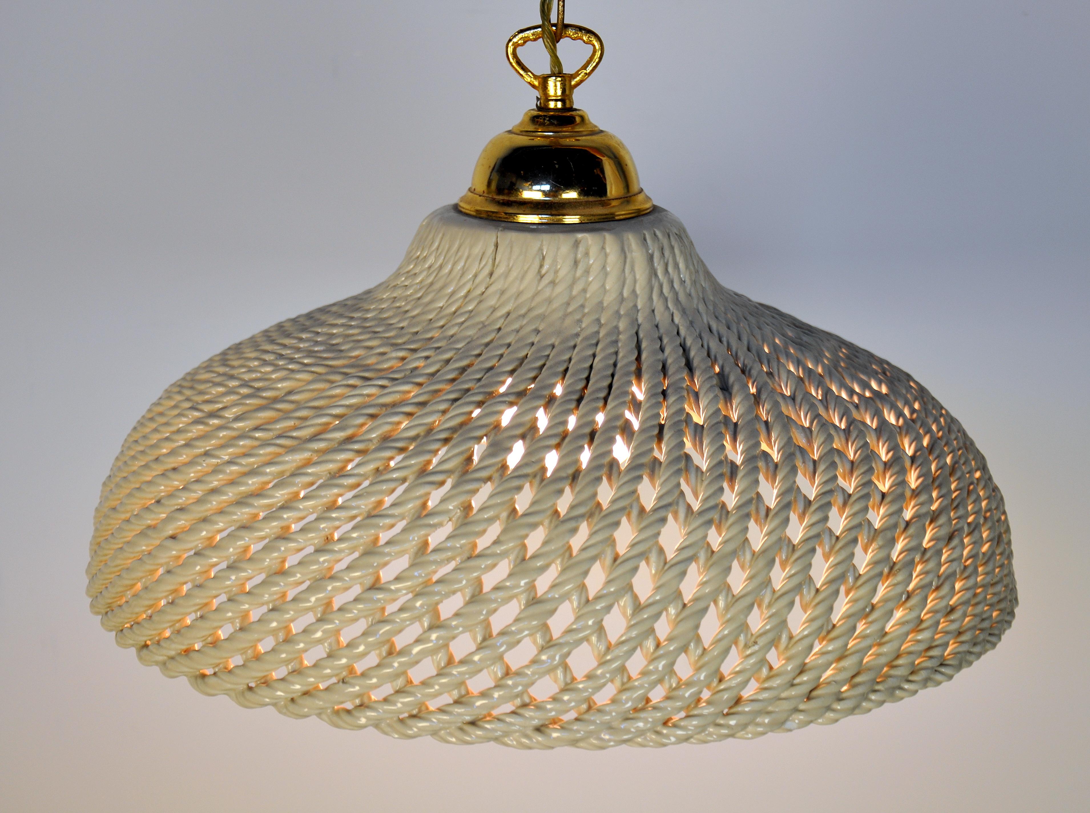 MidCentury Modern Cream Ceramic and Brass Pendant Lamp For Sale at 1stDibs