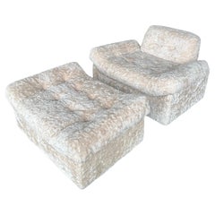 Mid Century Modern Cream Faux Fur Chair and Ottoman Set