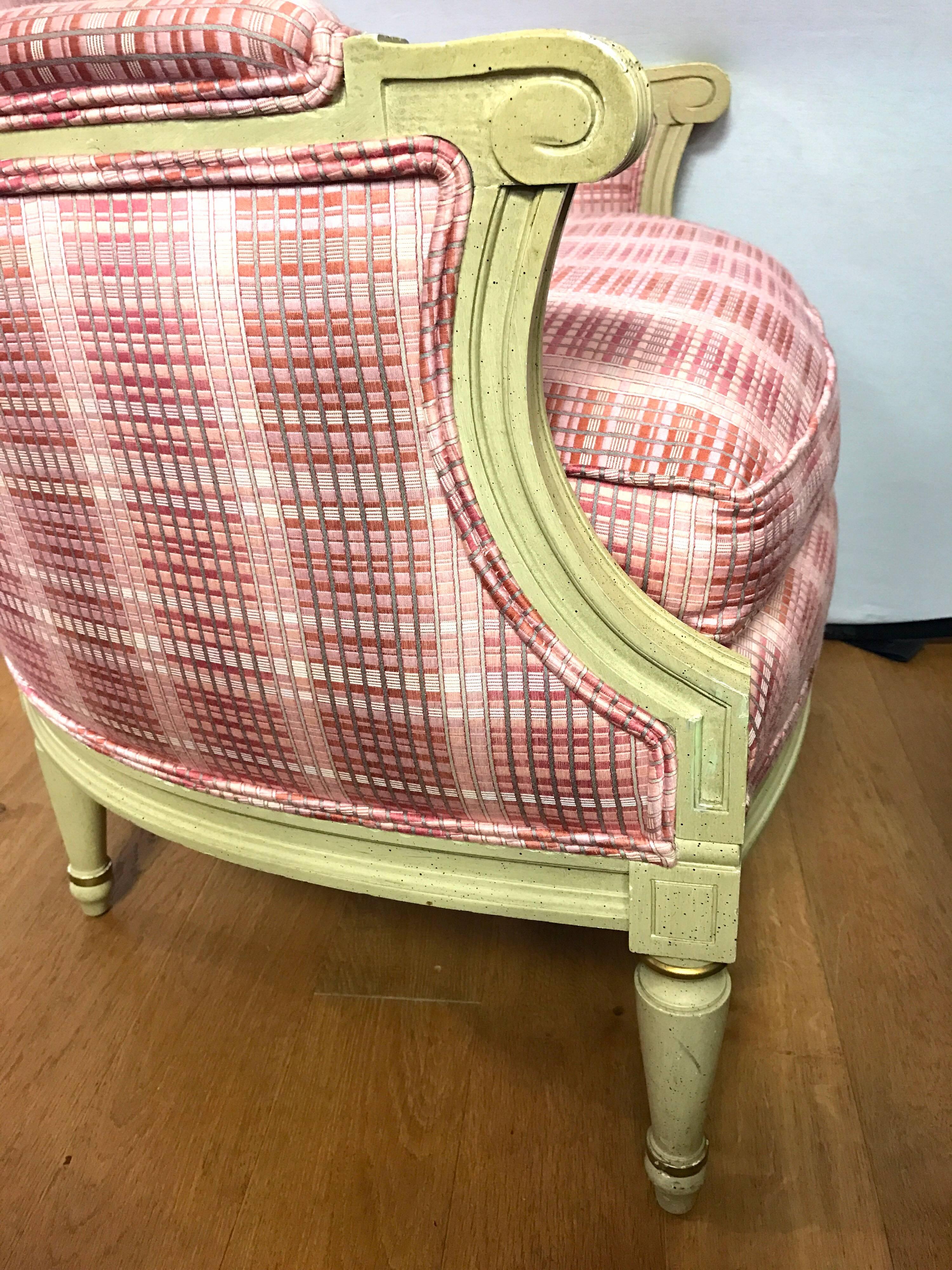 French Cream Painted Upholstered Pink Plaid Armchairs In Excellent Condition In West Hartford, CT