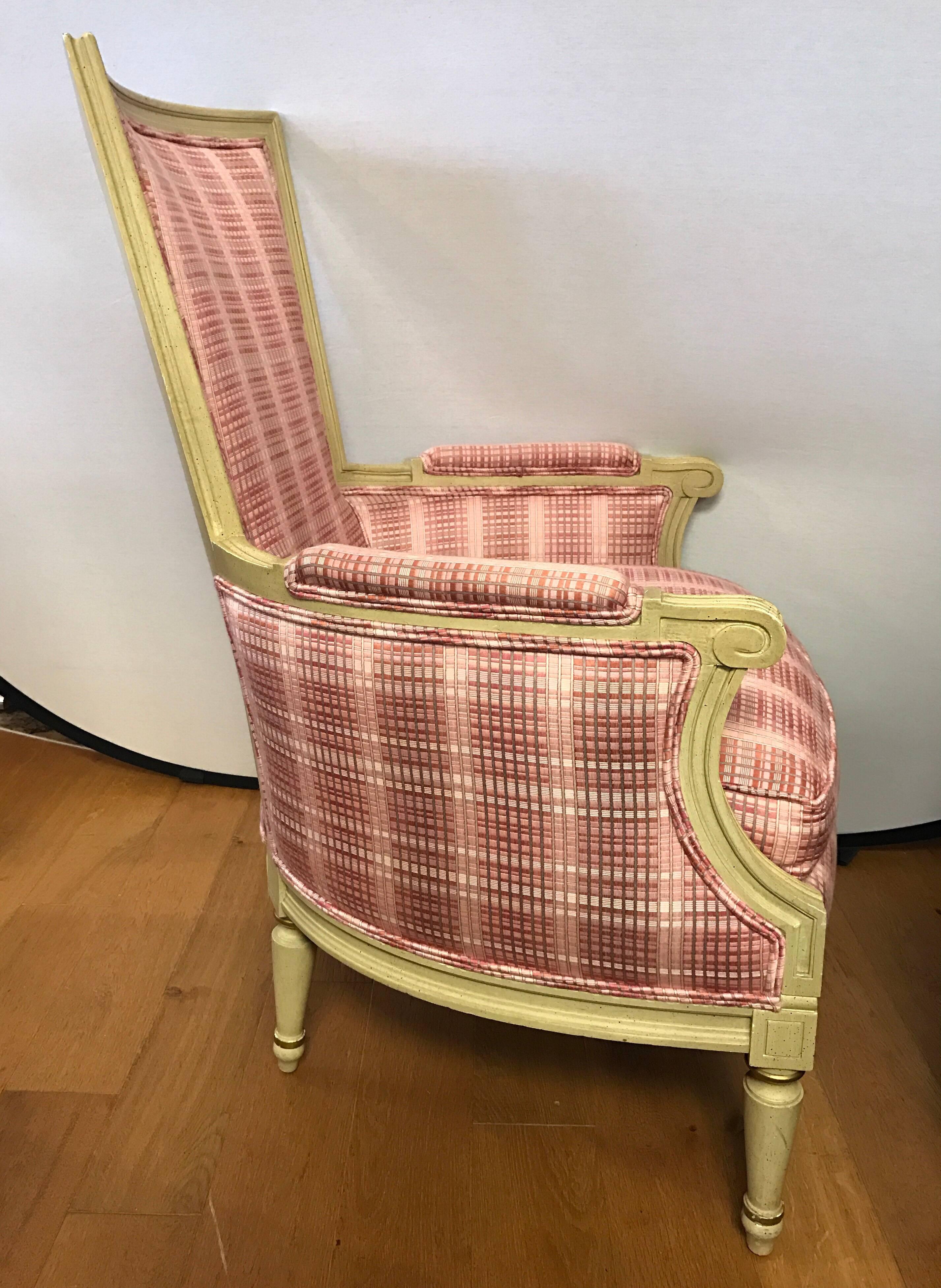 Mid-20th Century French Cream Painted Upholstered Pink Plaid Armchairs