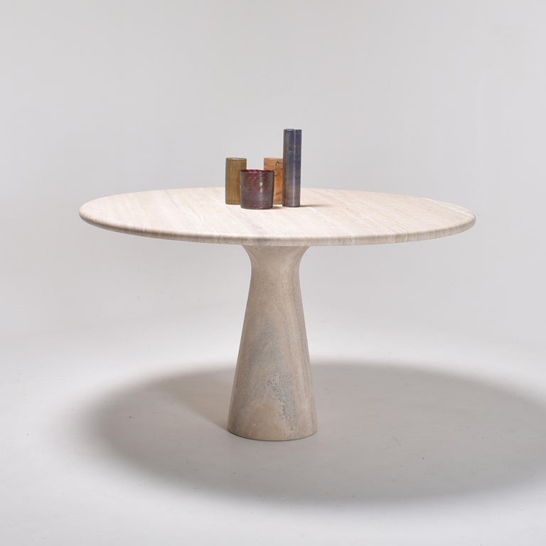 Mid-Century Modern Cream Round Pedestal Travertine Dining ...
