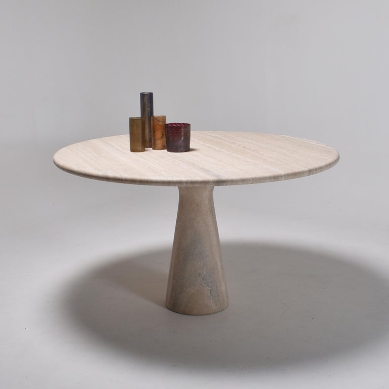 Mid-Century Modern Cream Round Pedestal Travertine Dining ...