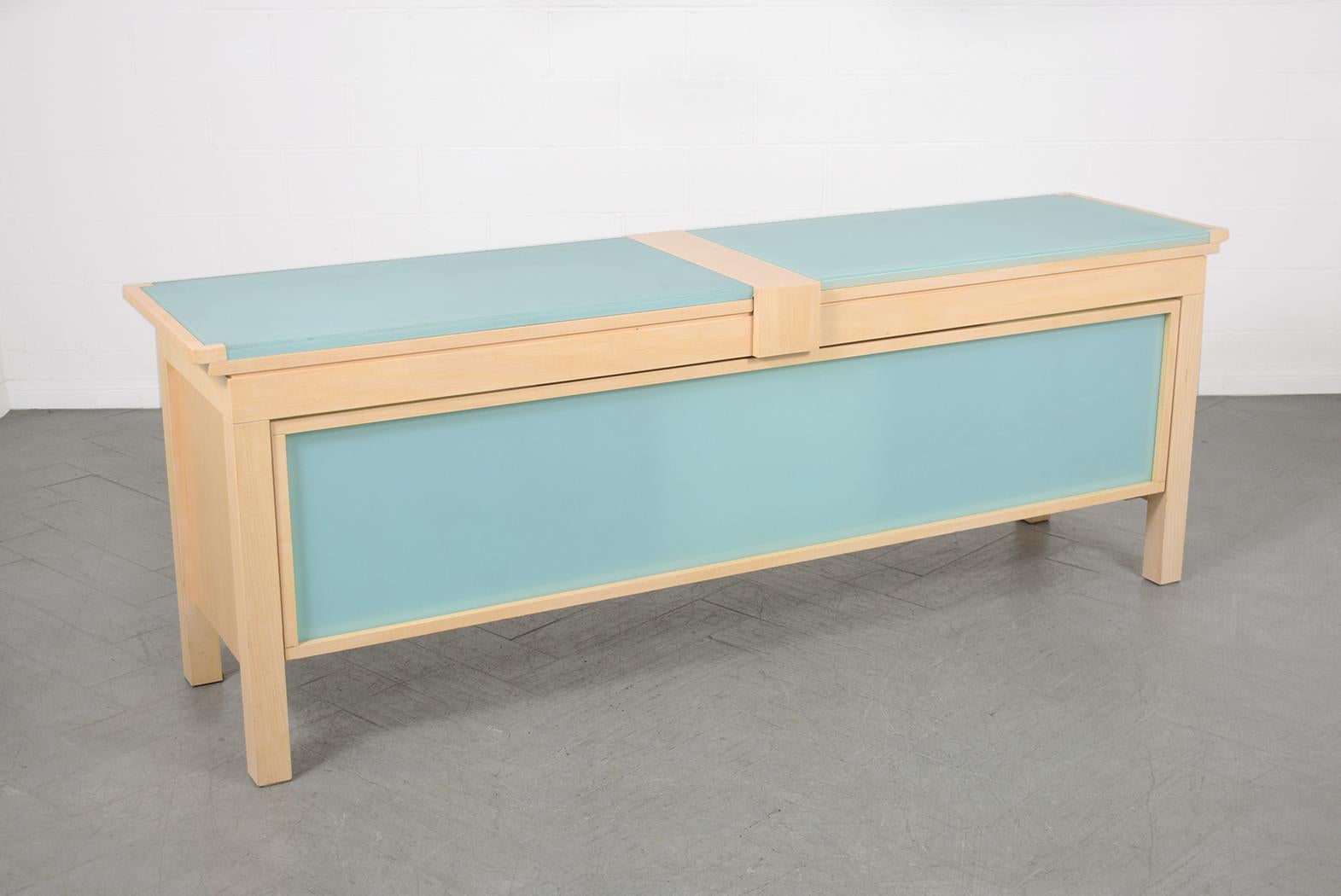 Late 20th Century Stunning Mid-Century Inspired Modern Whitewashed Credenza with Frosted Glass Top For Sale