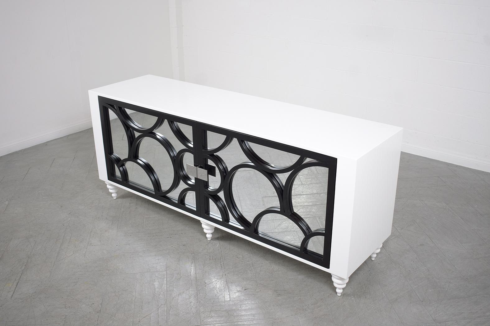 Mid-Century Modern Credenza: Black & White Lacquered Finish with Carved Details In Good Condition For Sale In Los Angeles, CA