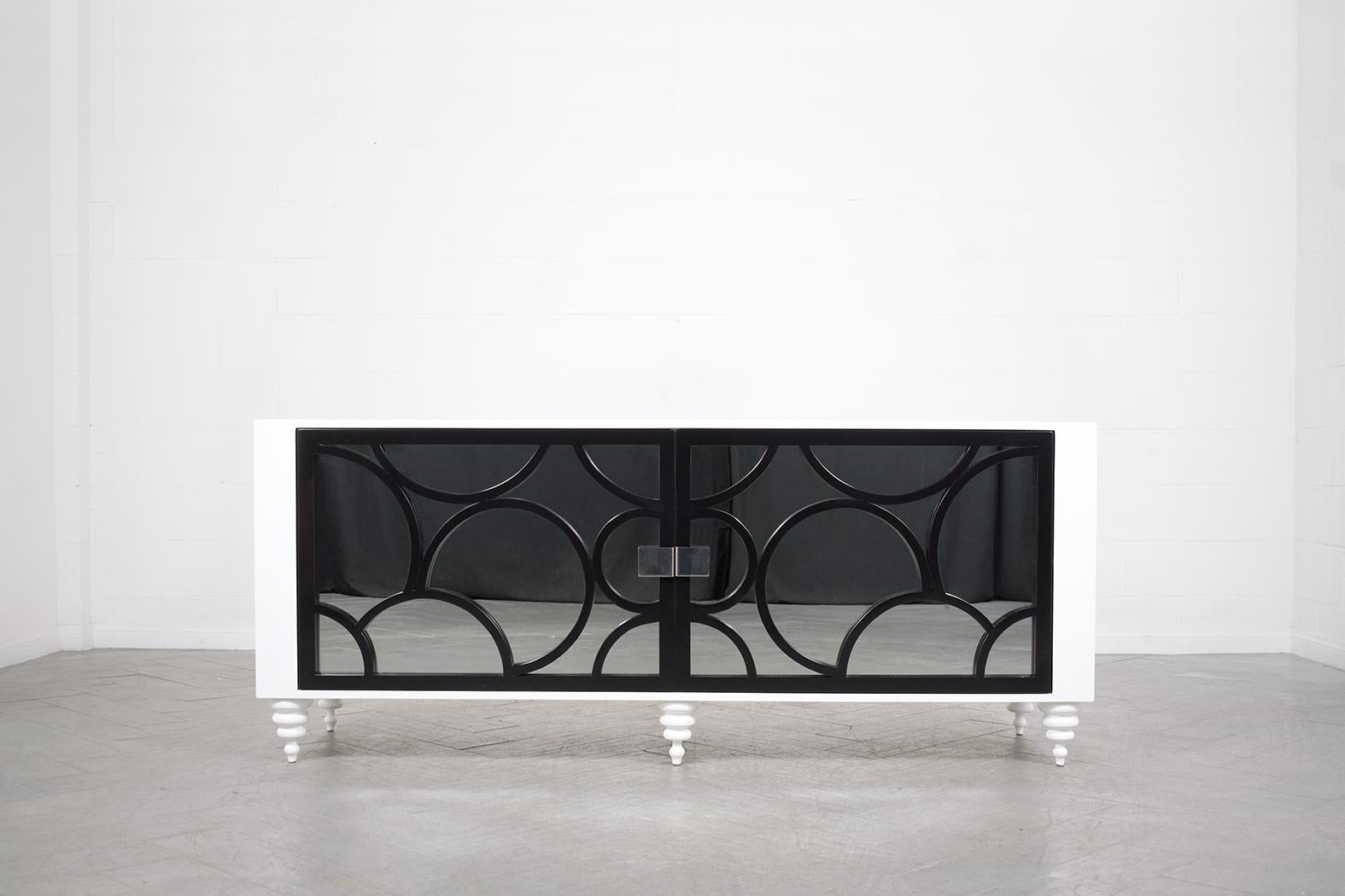 Mid-Century Modern Credenza: Black & White Lacquered Finish with Carved Details For Sale 1