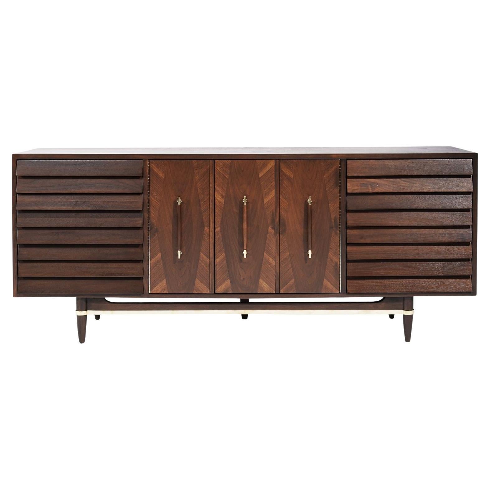 Mid Century Modern Credenza with Brass Accents, C. 1950s