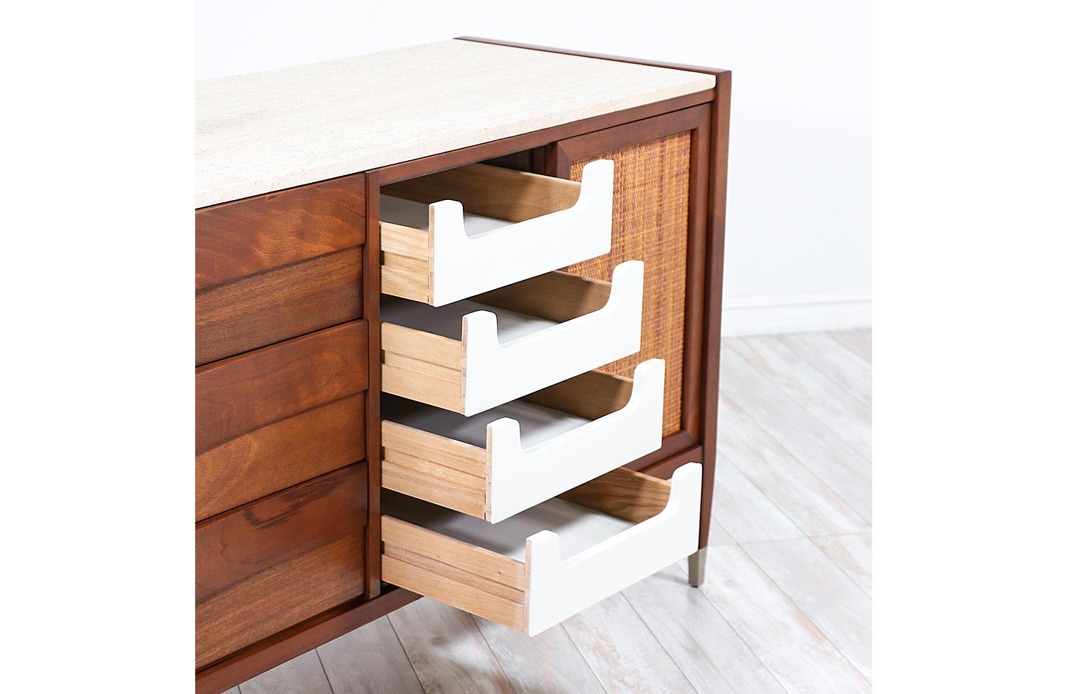 Mid-Century Modern Credenza with Travertine Top & Cane Doors by American of Mart 6